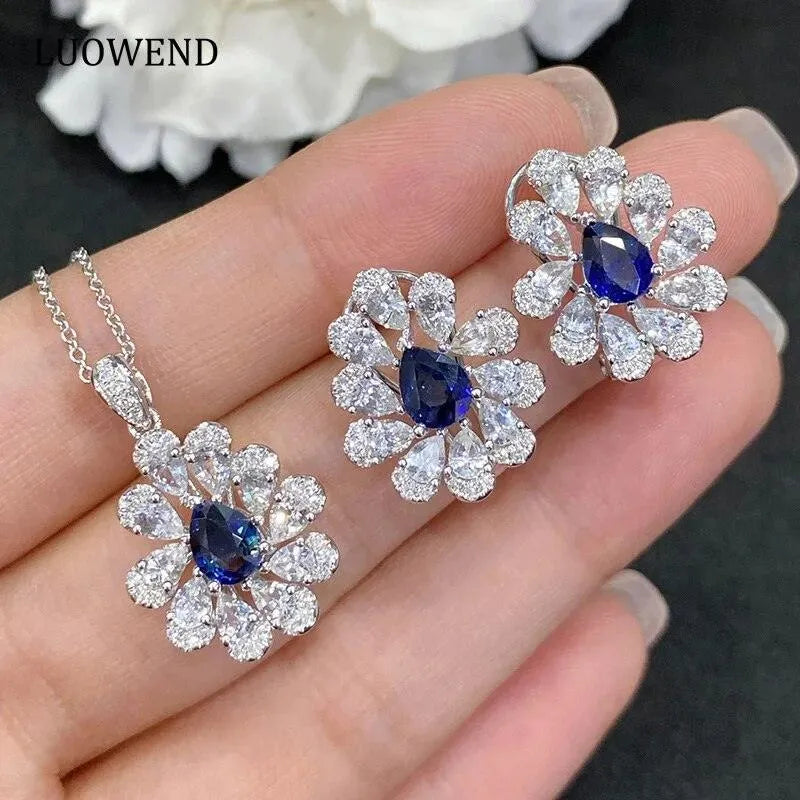 18K White Gold Earrings with Natural Blue Sapphire & Diamonds | Luxury Flower Jewelry for Women | Perfect for Weddings, Anniversaries & Special Occasions