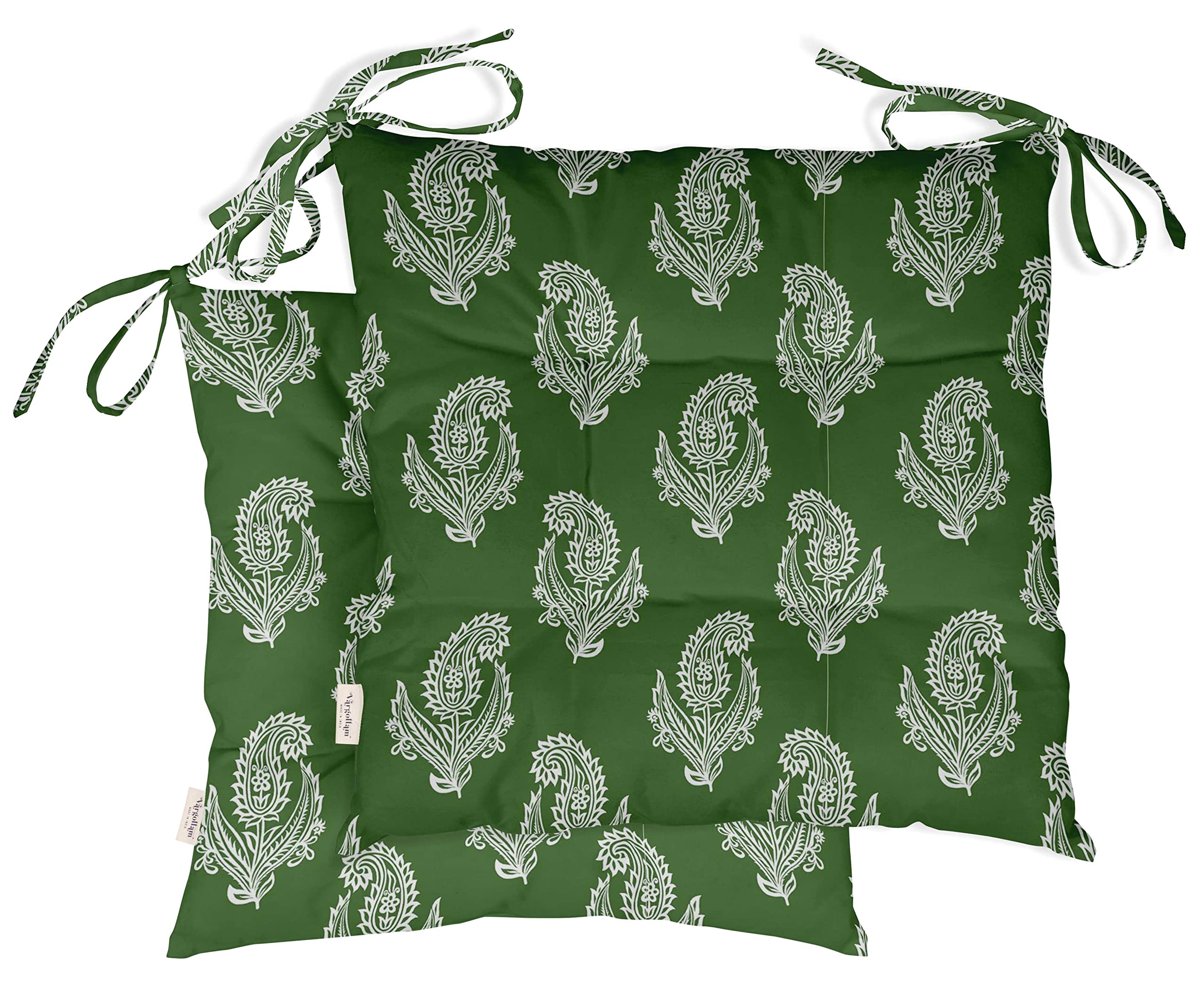 Water Resistant Indoor/Outdoor Tufted Square Patio Cushion Set of 2 - 19-inch Green Asian Block Paisley Printed Seat Cushions for Garden, Deck & Poolside Furniture | Weatherproof Outdoor Decor