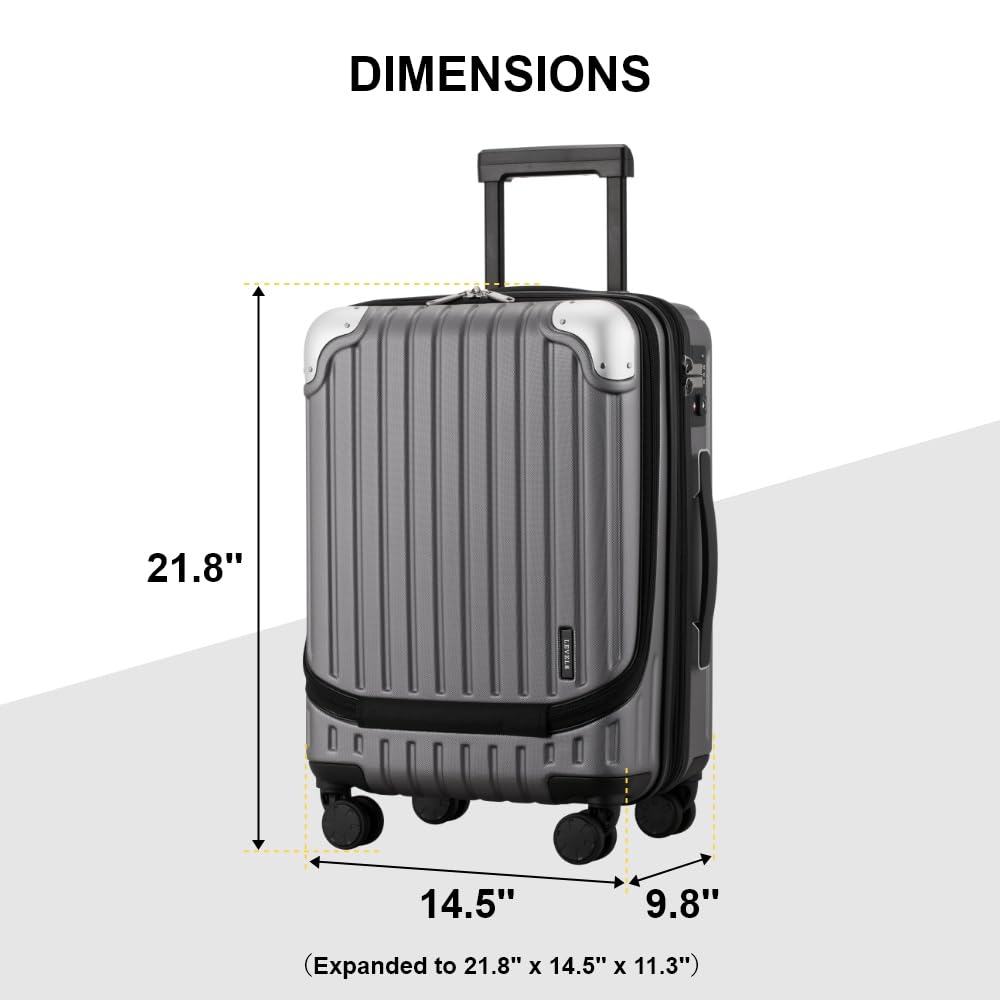 LEVEL8 Grace 20 Inch Expandable Hardside Carry On Luggage - TSA Lock, 360° Spinner Wheels, ABS+PC Durable Shell, Lightweight Suitcase for Travel (Grey) | Perfect for Business Trips, Weekend Getaways & Airplane Cabin Storage
