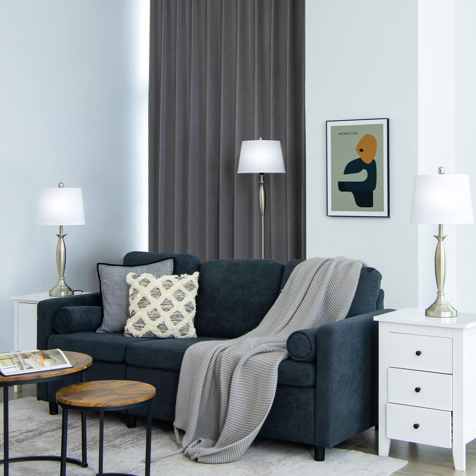 Tangkula 3-Piece Modern Lighting Set - 2 Table Lamps & 1 Floor Lamp with Weighted Base & Eye-Protecting Shade | E26 Bulb Compatible (Nickel Finish) | Perfect for Bedroom, Living Room, Study & Home Office Decor