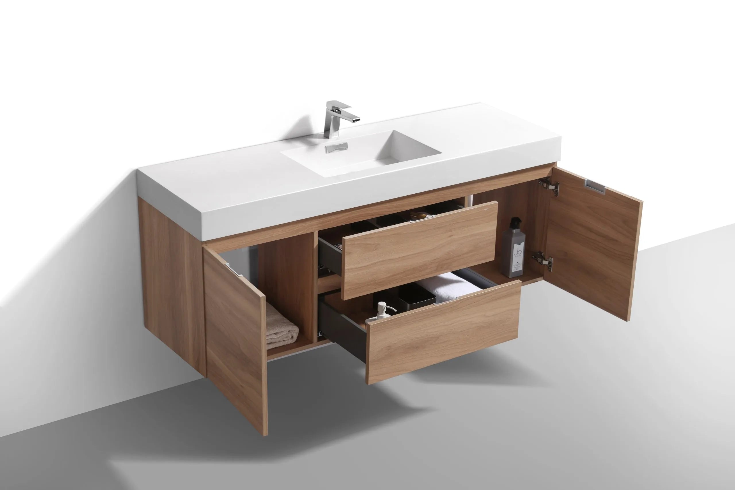 BSL60 Honey Oak Wall Mount Bathroom Vanity with Single Sink - Modern Space-Saving Design for Small Bathrooms & Powder Rooms