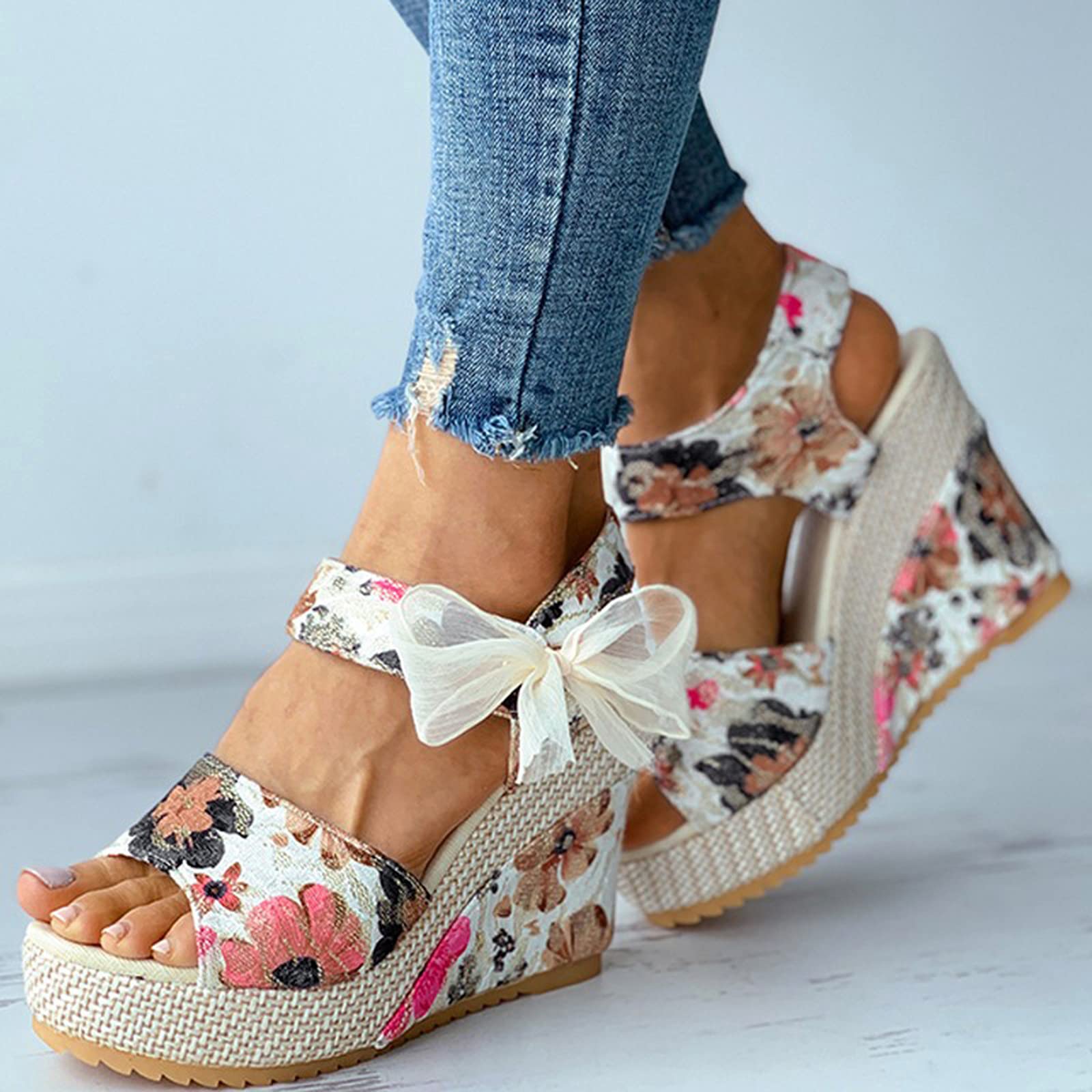 Trendy Women's Open Toe Tie-Up Espadrille Wedge Sandals with Floral Design - Comfortable Slide Wedges for Summer Beach, Vacation & Casual Outfits