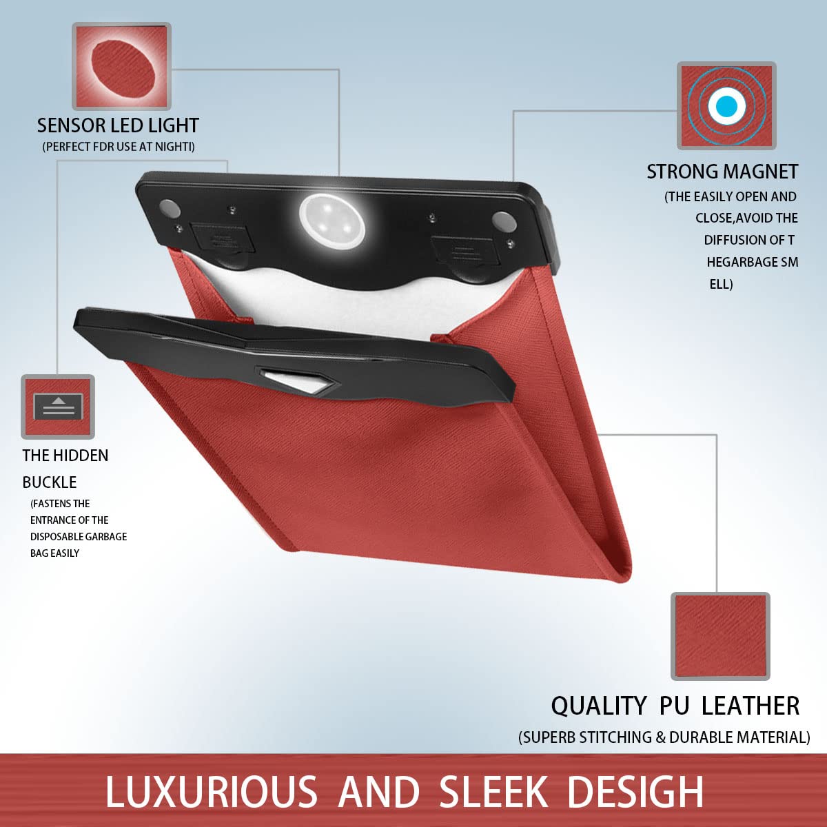 Premium BELOMI Car Trash Bag - Waterproof PU Leather Auto Garbage Can with Magnetic Closure & LED Light | Back Seat Hanging Trash Bin Includes 30 Disposable Bags (Red) | Perfect for Road Trips, Commuting & Keeping Your Vehicle Clean