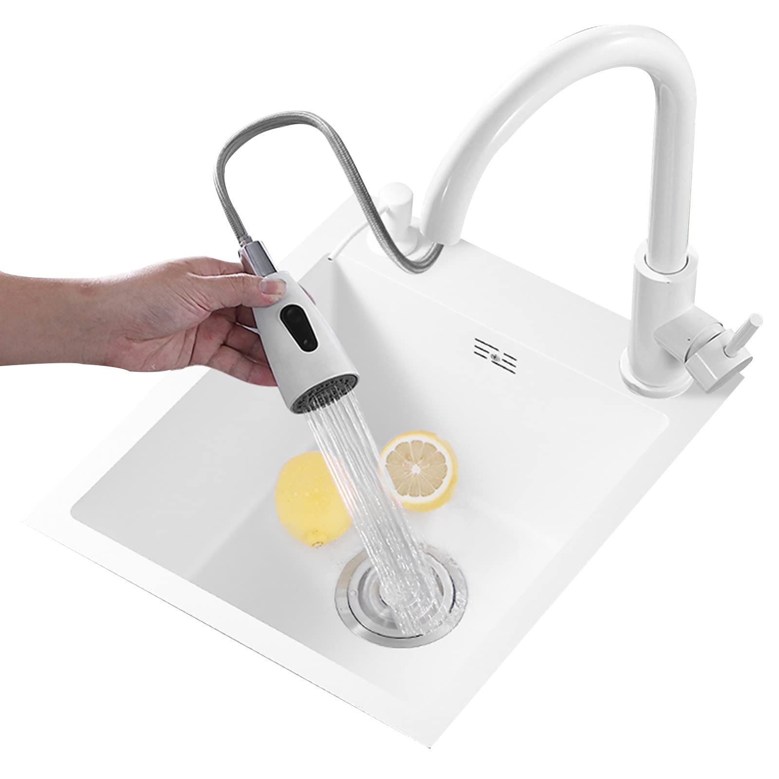 Stainless Steel Single Bowl Mini Bar Sink with Pull-Out Faucet & Soap Dispenser - Compact Multifunctional Kitchen Sink for Small Spaces, Bars, or RVs - RMCFHX, White