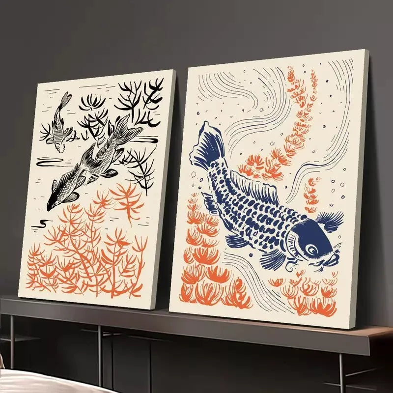 2-Piece Japanese Koi Fish & Floral Canvas Wall Art Set (50x75cm) - High-Quality Framed Print, 100% Australian Made, Ready to Hang - Perfect for Living Room, Bedroom & Office Decor
