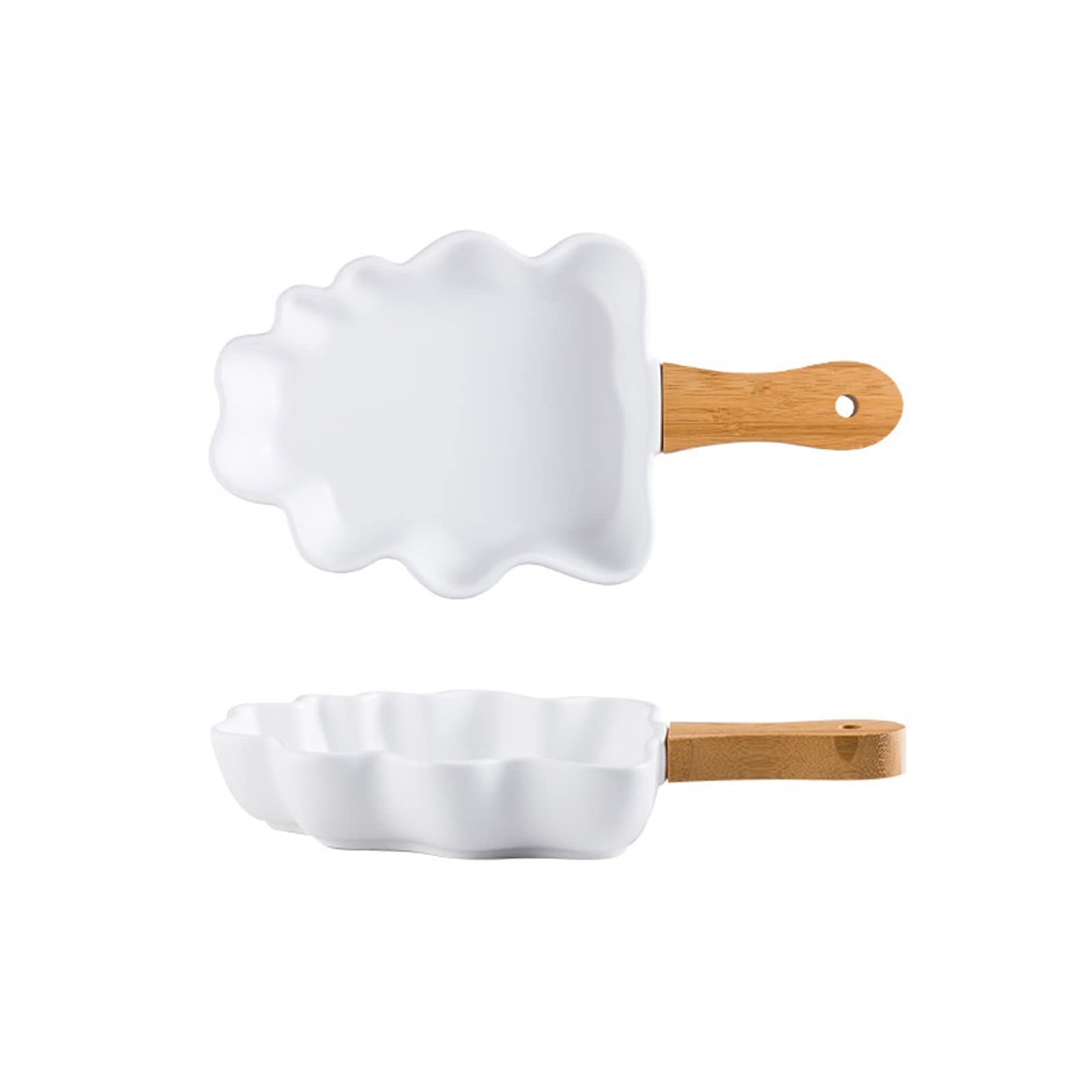 2-Piece Ceramic Baking Dish Set with Wooden Handle - Large Oven-Safe Bakeware for Baking, Salad, Snacks & Desserts | Creative Tree Design White Plates for Kitchen, Dining & Holiday Serving