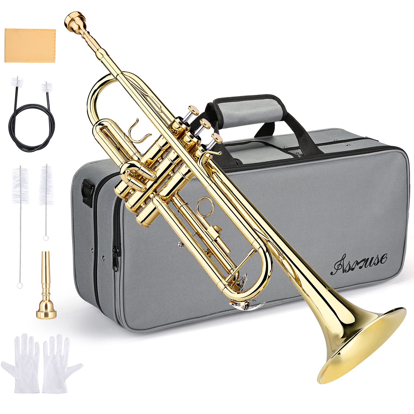 Asmuse Bb Standard Trumpet Set for Beginners - Professional Brass Student Trumpet Instrument with Hard Case, Mouthpiece & Cleaning Kit (Gold) - Perfect for School Bands, Music Lessons & Practice at Home