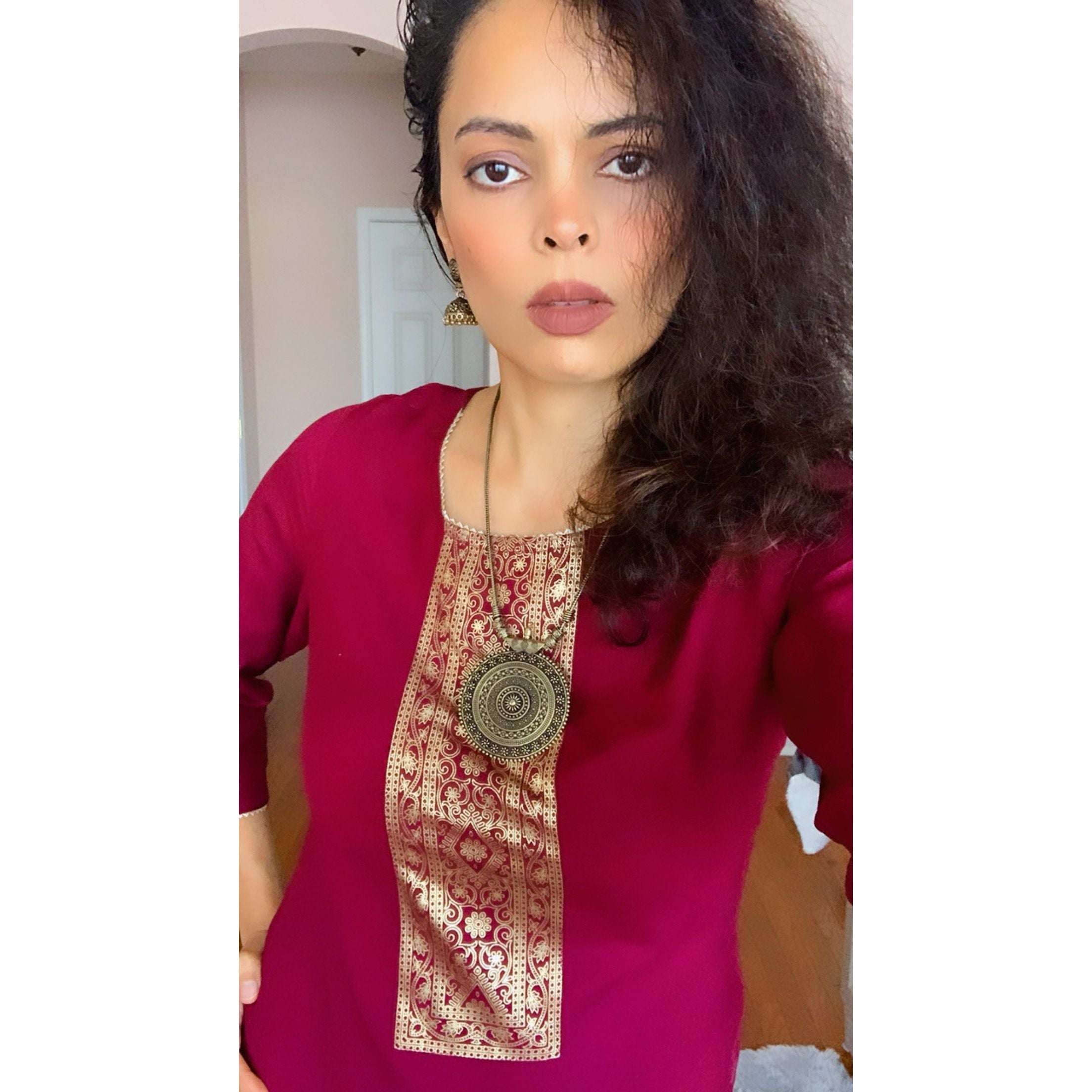Elegant Wine and Gold Printed Women's Kurta - Stylish Indian Ethnic Tunic Top for Festivals, Weddings & Special Occasions