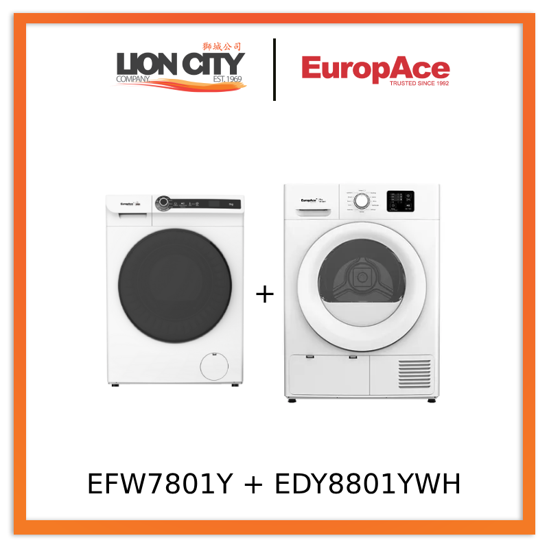 Europace EFW7801Y 8Kg 3D Steam Front Load Washer & EDY8801YWH Heat Pump Dryer Combo - Perfect for Small Laundry Rooms & Energy-Efficient Home Use