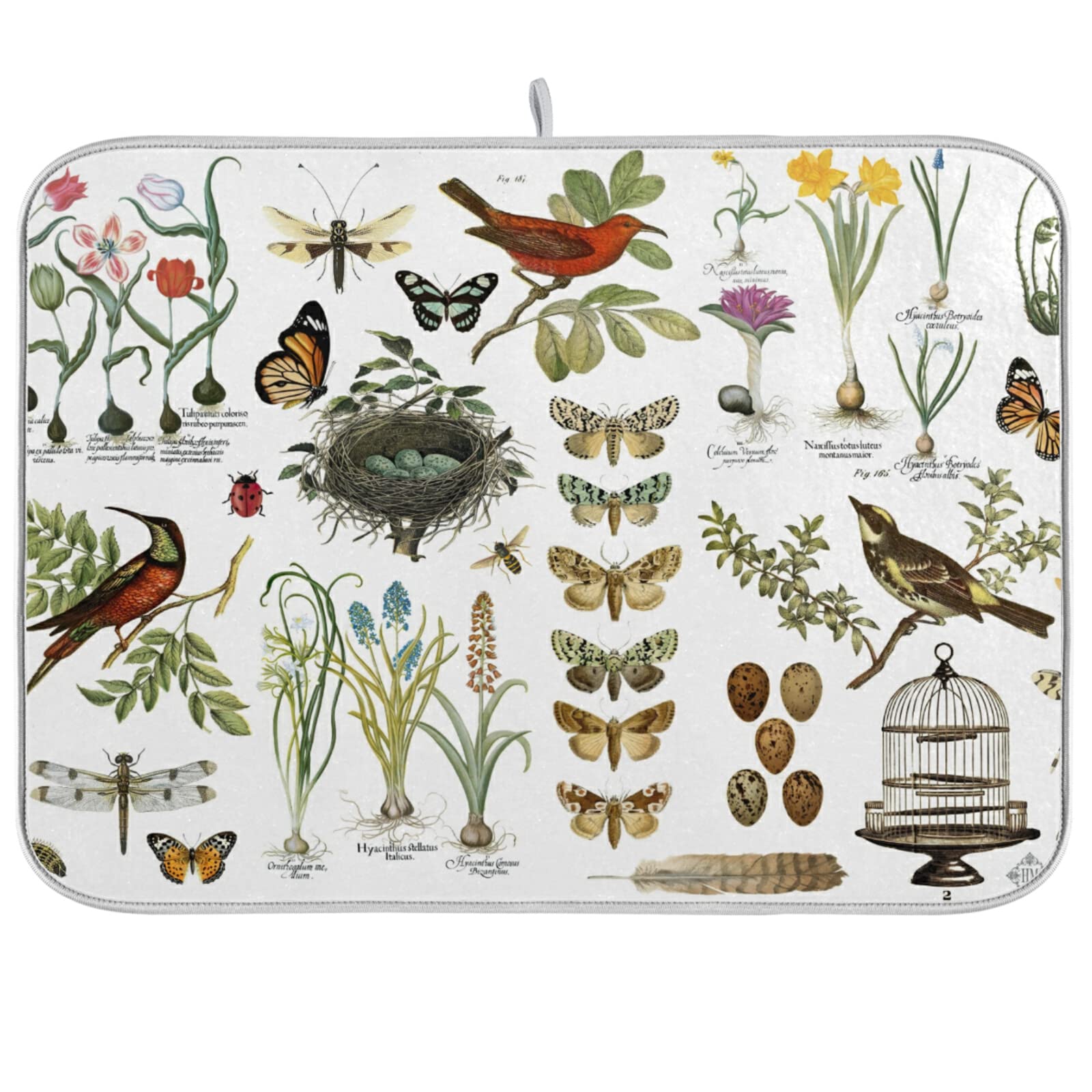 Vintage Birds and Flowers Dish Drying Mat - Absorbent, Quick-Dry Kitchen Towel for Coffee Bars, Restaurants & Home Use - Perfect for Countertops, Glassware & Spill Protection