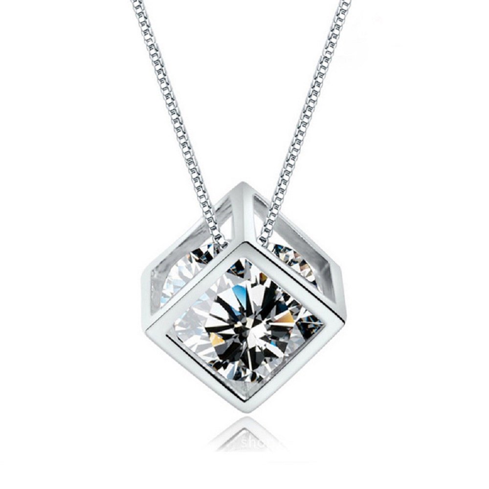 Crystalline Azuria Rhombus Cube Pendant Necklace - 18K White Gold Plated with White Zirconia Crystals - 18 Inch Chain for Women - Elegant Gift for Anniversary, Birthday & Special Occasions