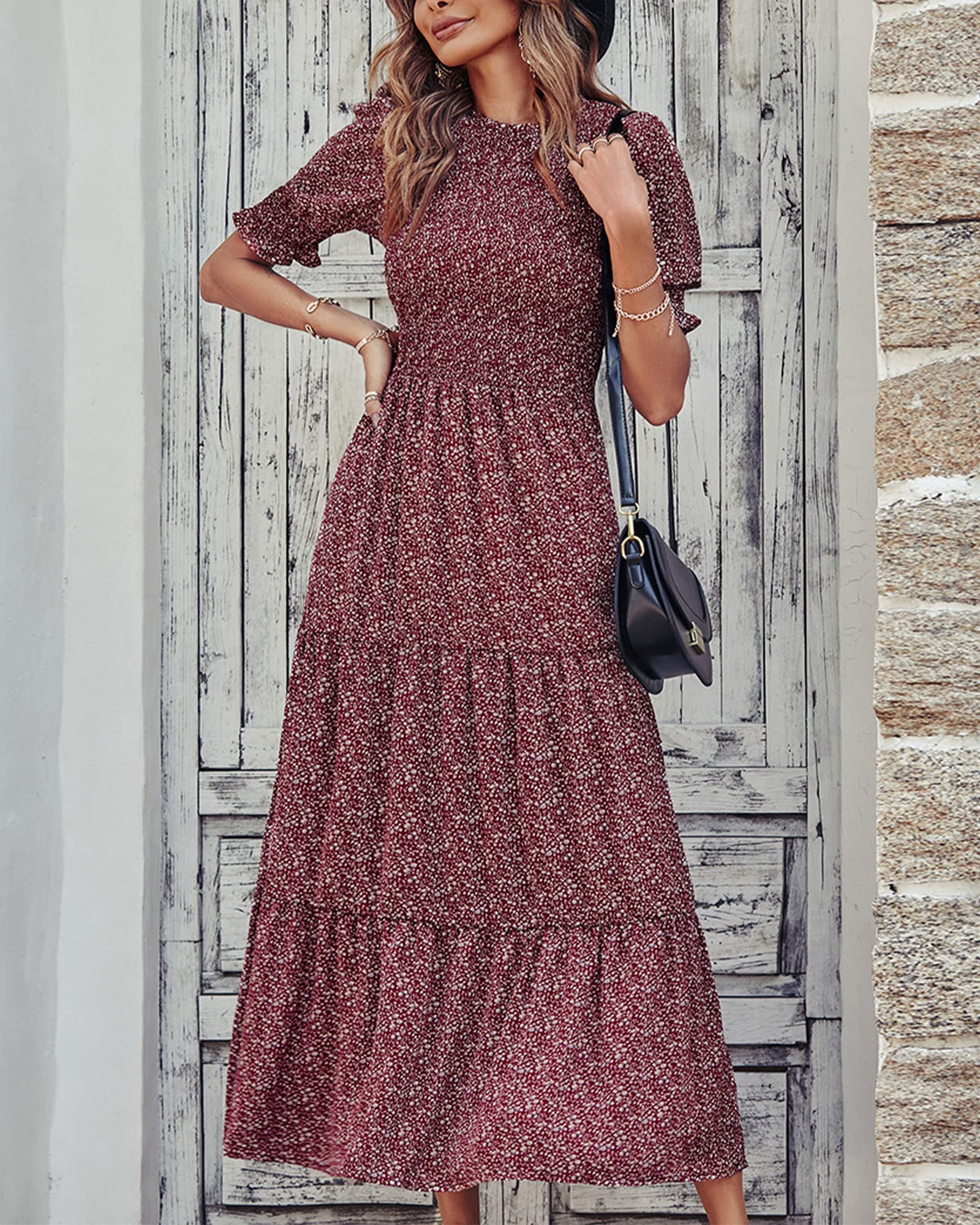 BTFBM Women's Floral Print Boho Maxi Dress - Crew Neck, Ruffle Short Sleeve, Smocked Waist, Flowy Summer Dress for 2025 | Perfect for Beach Vacations, Music Festivals & Boho Chic Outfits
