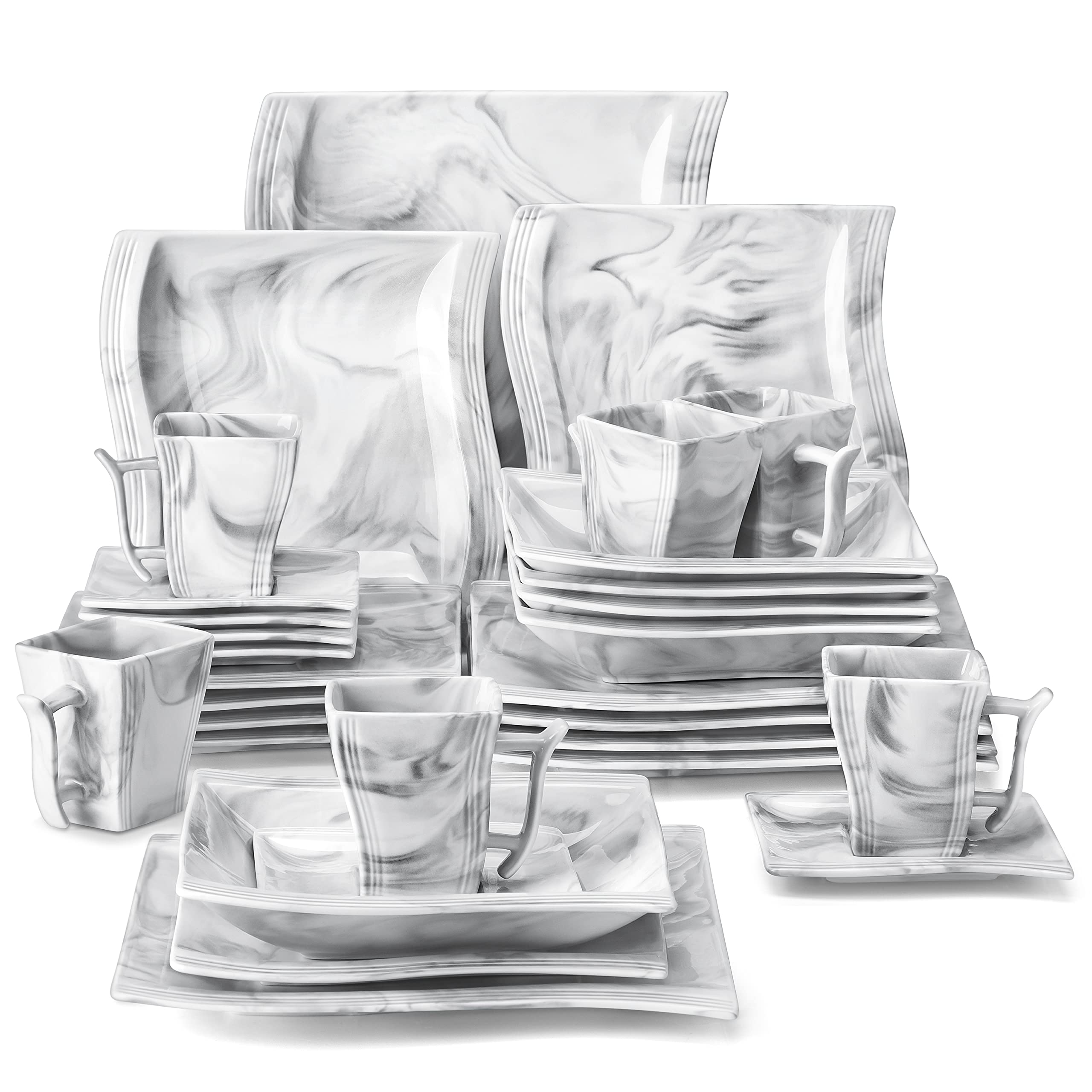 MALACASA 30-Piece Porcelain Dinnerware Set for 6 - Square Plates & Bowls Set with Dinner Plate, Dessert Plate, Soup Bowl, Cup & Saucer - Modern Marble Grey Dish Set (Flora Series) - Perfect for Family Dining, Dinner Parties & Restaurant-Style Serving