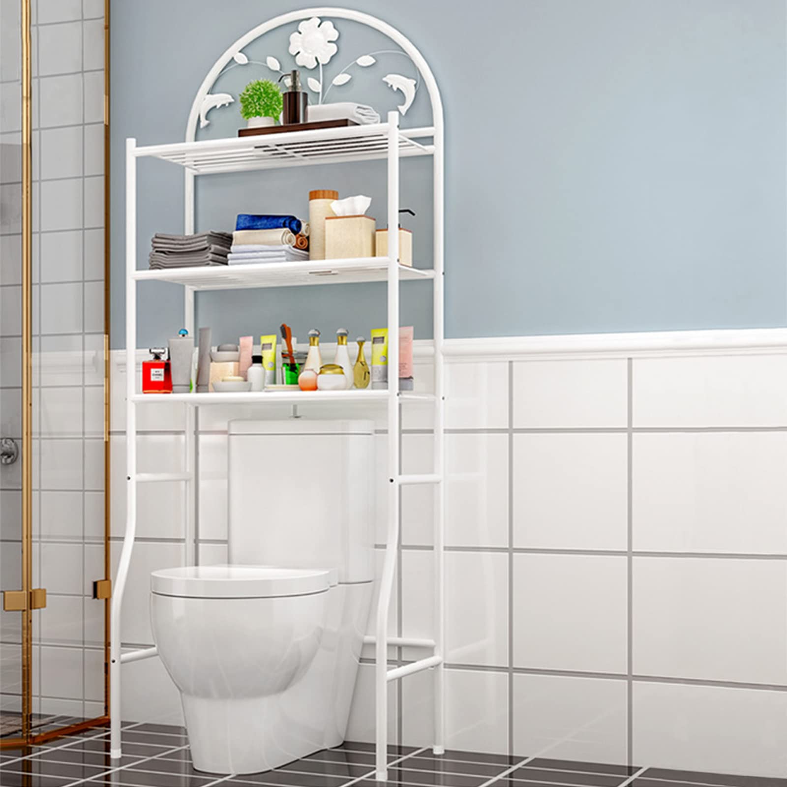 LYNICESHOP 3-Tier Over The Toilet Storage Organizer - Heavy Duty Iron Bathroom Shelf Rack with Space Saving Design, Free Standing Toilet Organizer for Bathroom Essentials (White) - Perfect for Small Bathrooms, Apartments & Powder Rooms