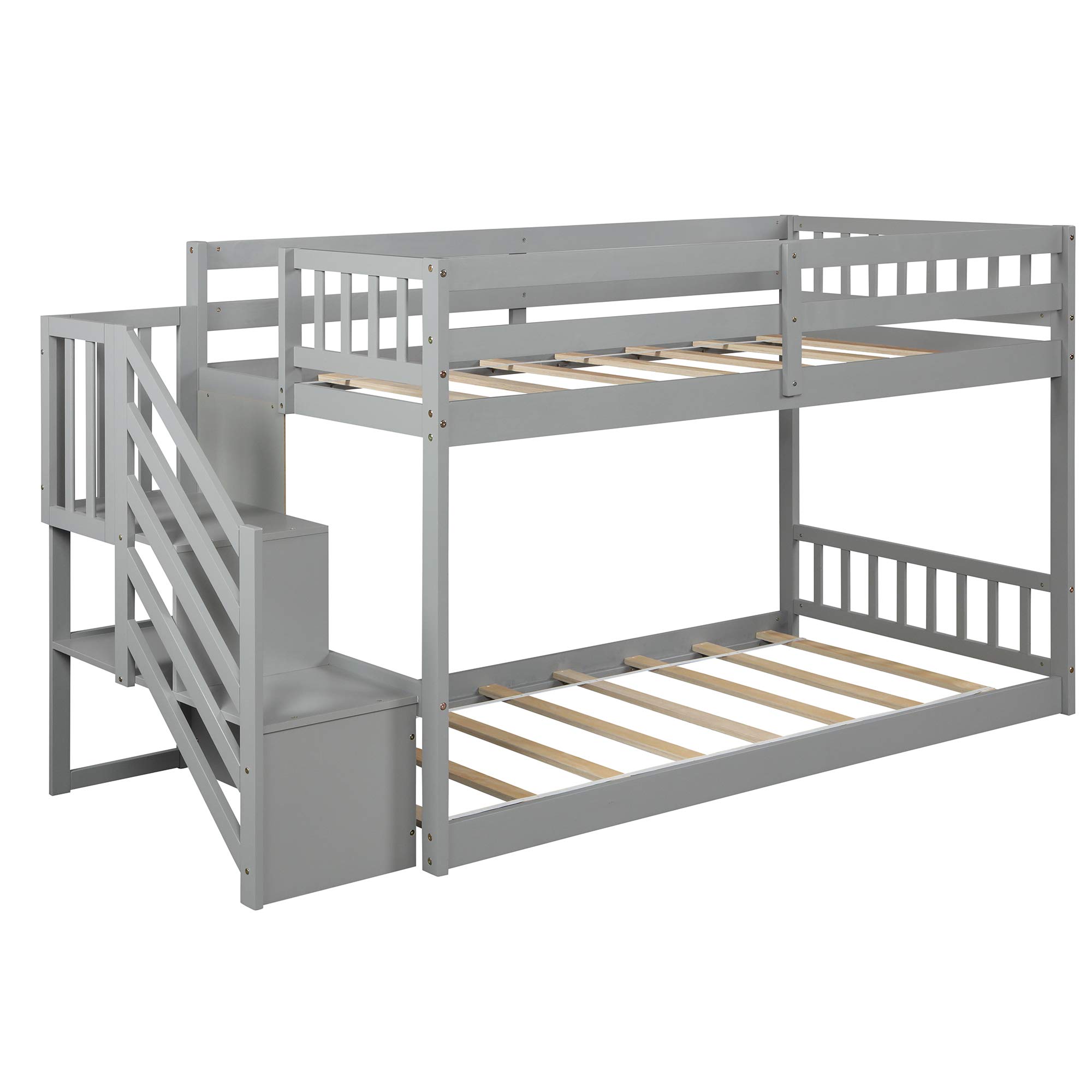 Harper & Bright Designs Twin Over Twin Low Bunk Bed with Stairs & Storage - Sturdy Wooden Kids Bunk Bed for Girls and Boys in Gray - Perfect for Small Bedrooms, Shared Kids Rooms & Space-Saving Sleep Solutions