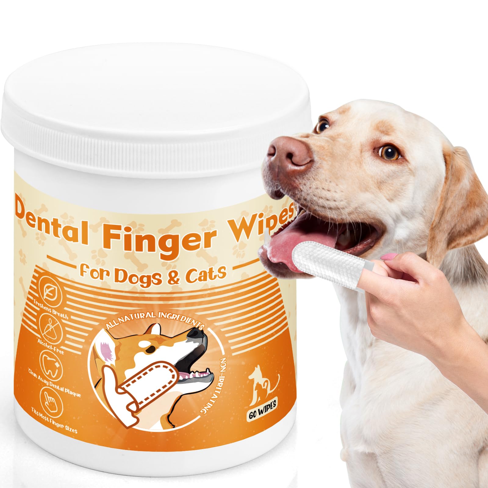 Dog Dental Wipes for Teeth Cleaning - 60 Count Pet Teeth Wipes for Dogs & Cats | Freshens Breath, Reduces Tartar & Plaque | Gentle Finger Wipes for Daily Oral Care | Perfect for Travel, Grooming & Between Brushings