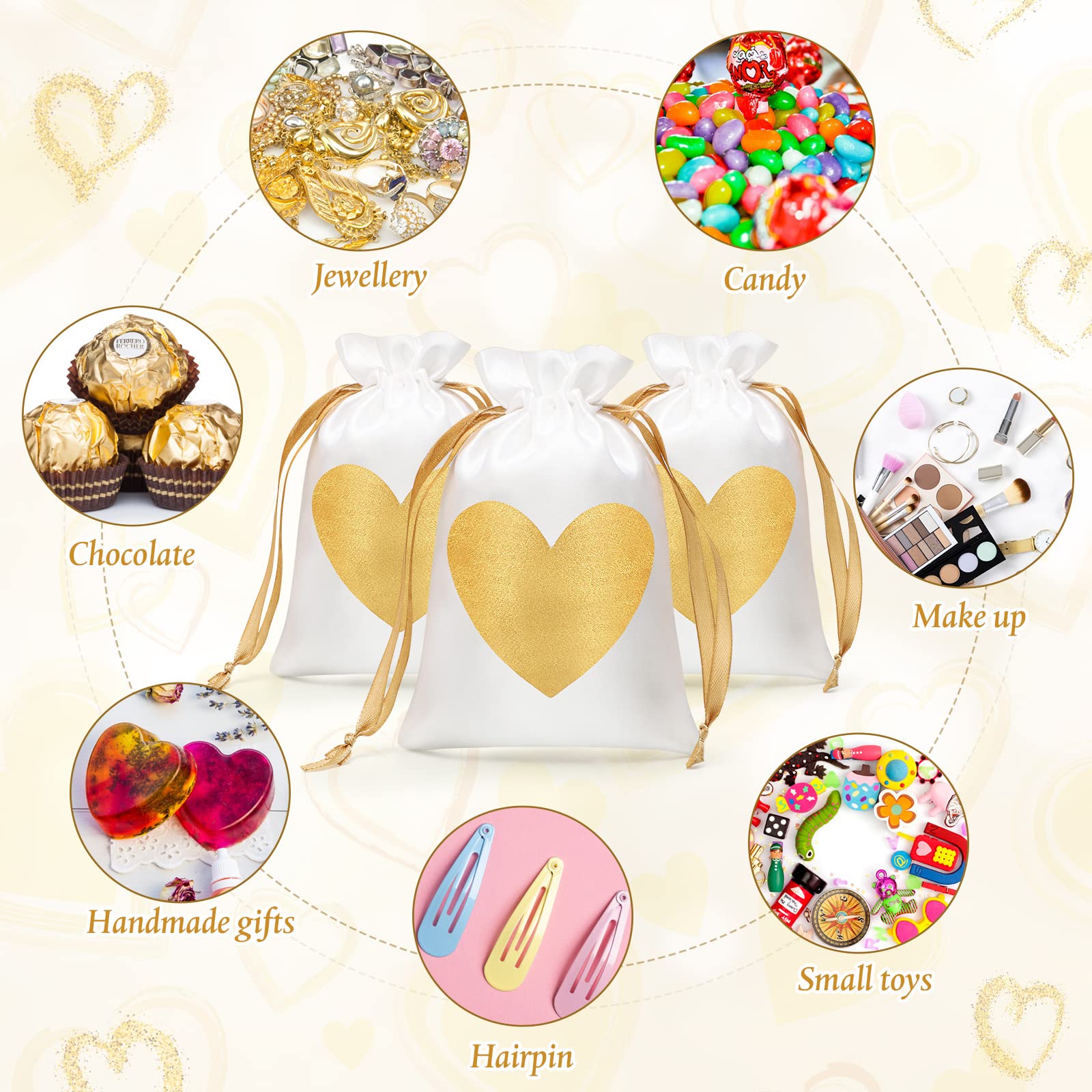 50 Pcs White Satin Gift Bags with Gold Heart Print - 4x6 Inch Drawstring Jewelry Pouches for Wedding Favors, Bridal Shower, Baby Shower, Birthday Party Gifts & Special Occasions - Perfect for Jewelry, Candies, Small Treasures and Party Favors