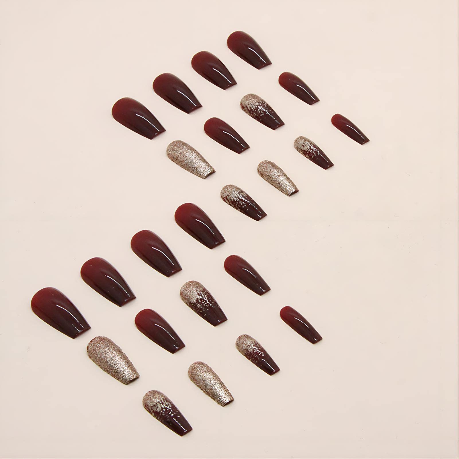 Medium Long Press On Nails Square - Flash Gold Powder Wine Red Acrylic Full Cover False Nails Set with Nail Glue | Reusable Stick On Fake Nails for Women & Girls | Perfect for Parties, Weddings & Special Occasions