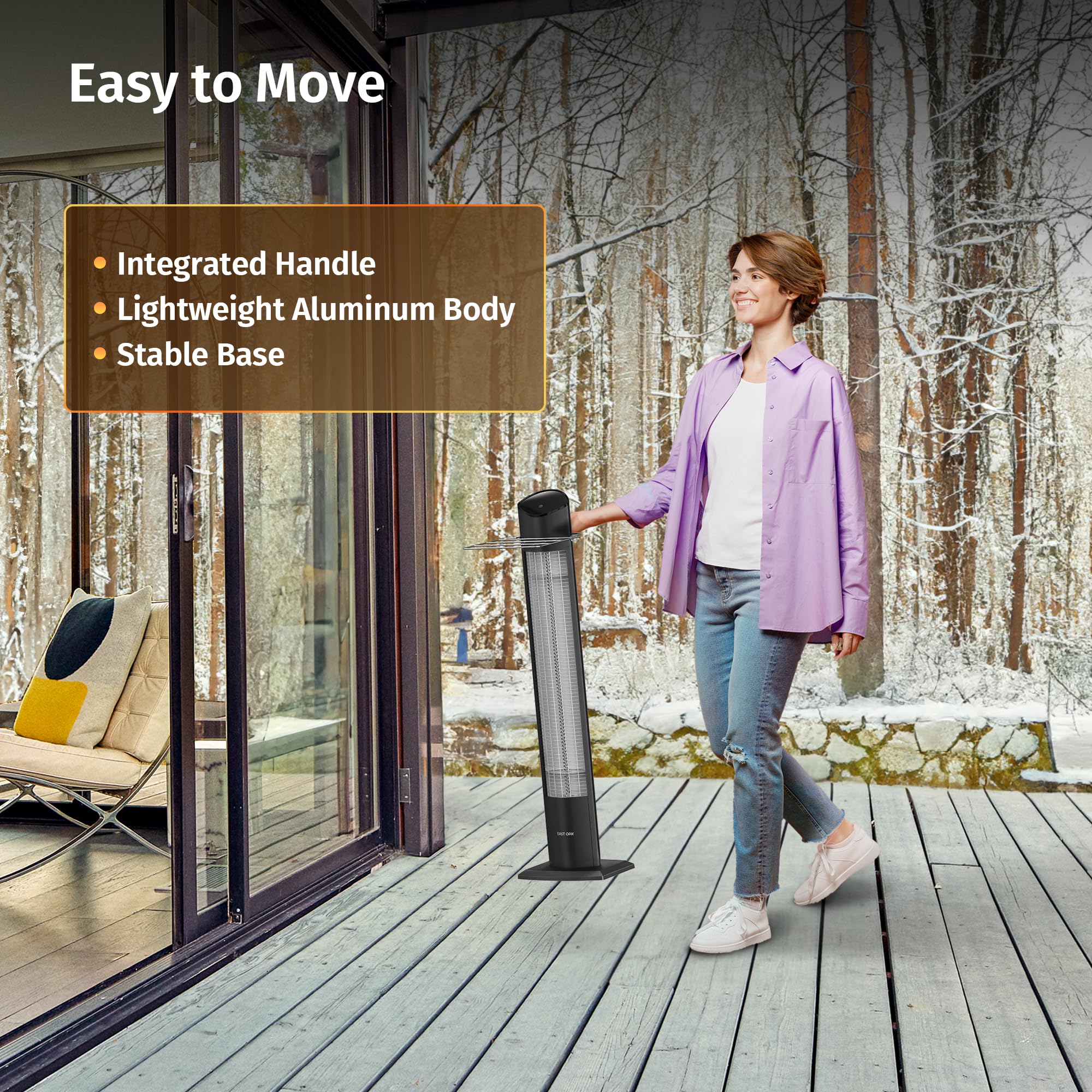 EAST OAK 1500W Electric Patio Heater - Indoor/Outdoor Portable Space Heater with IP55 Waterproof, Tip-Over & Overheat Protection, 2 Heat Settings & 24H Timer - Perfect for Backyard, Deck, Garage, and Office Use (2024 Upgraded Model)