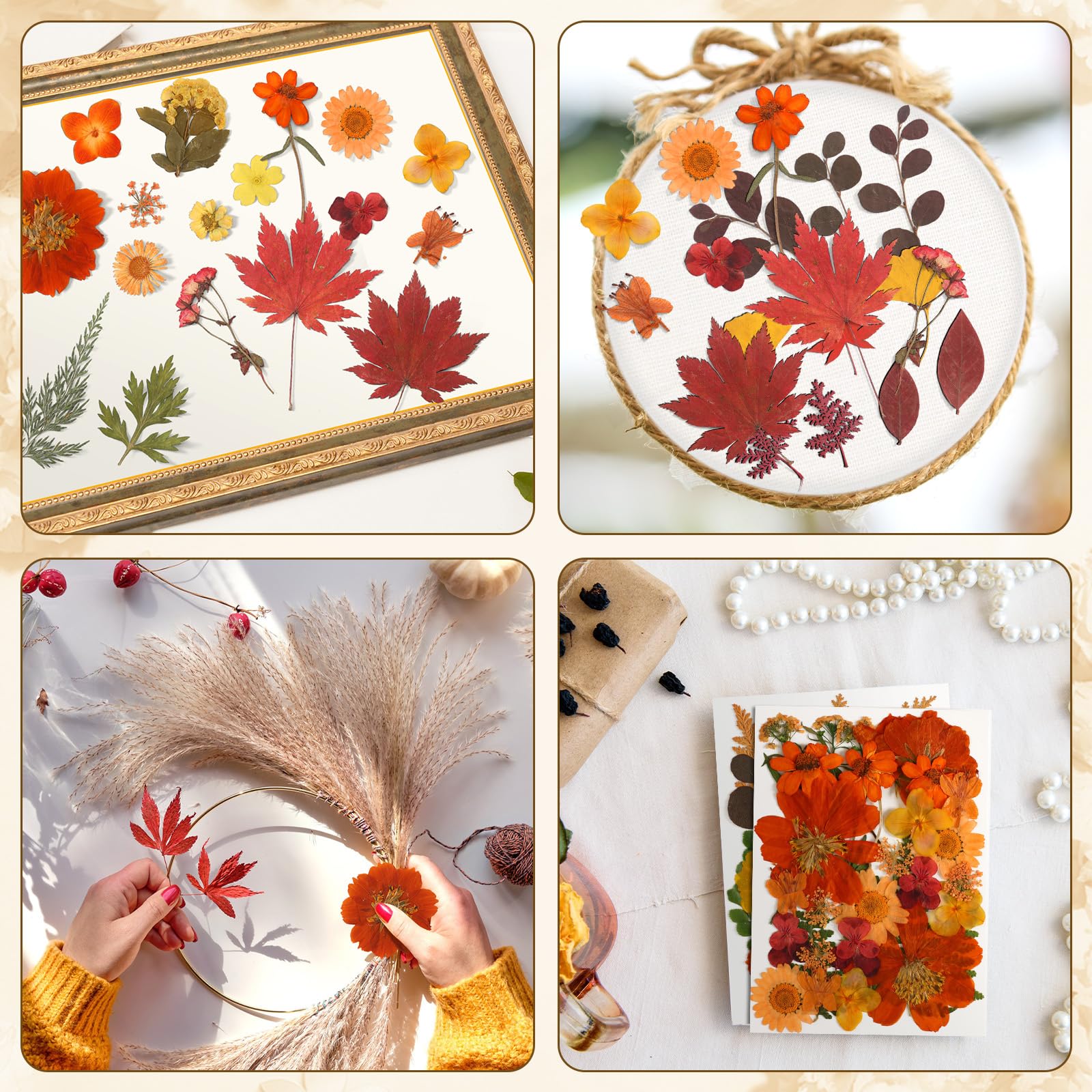100PCS Real Pressed Autumn Flowers & Leaves for Resin Molds - Fall Dried Floral Collection for DIY Jewelry, Scrapbooking, Candle Making, Home Decor & Wedding Crafts