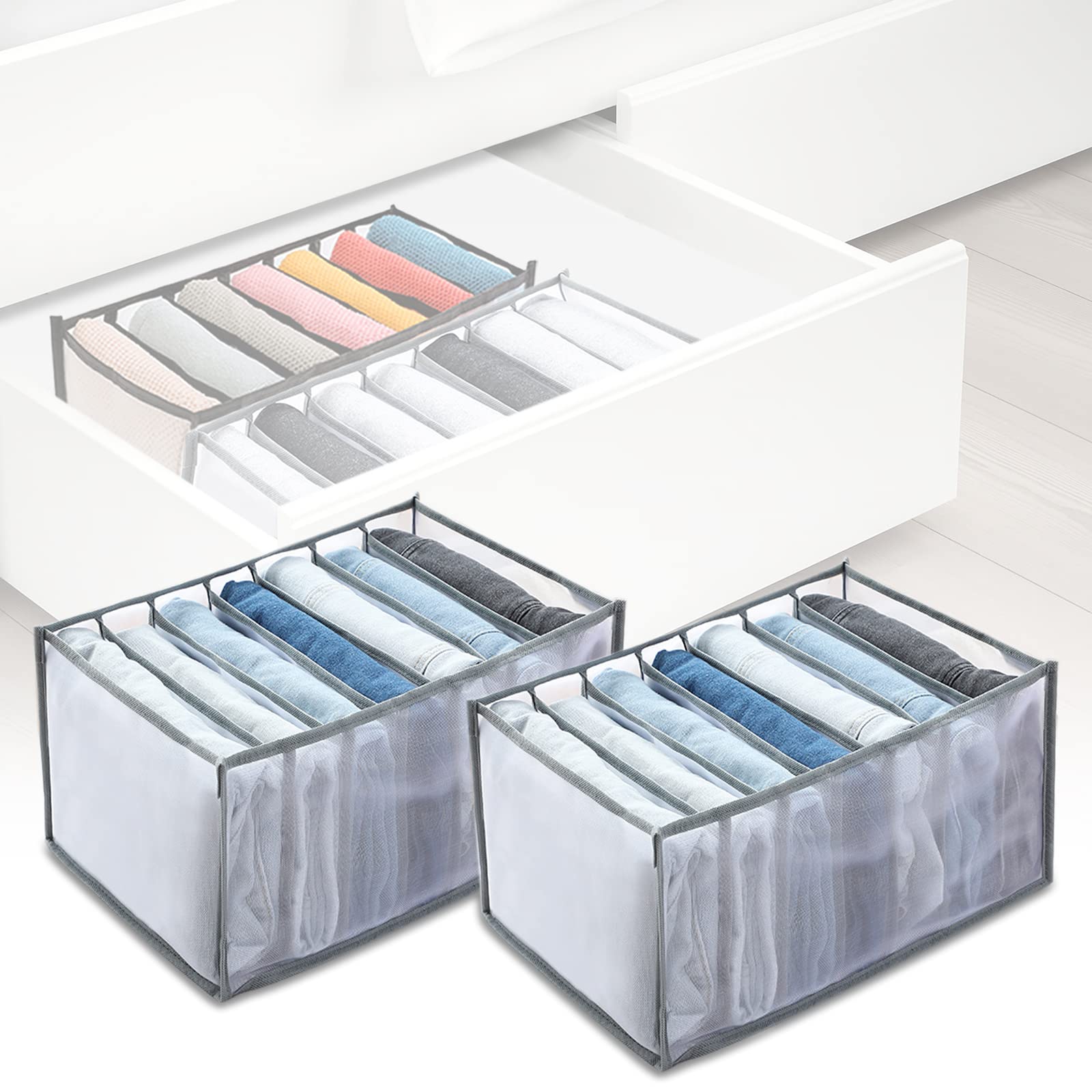 Evankin 2-Pack Large Wardrobe Organizers - 7-Grid Drawer & Closet Storage Bins for Jeans, Pants, Skirts - Breathable Nylon Mesh Fabric (Grey) | Perfect for Bedroom, Closet & Travel Organization