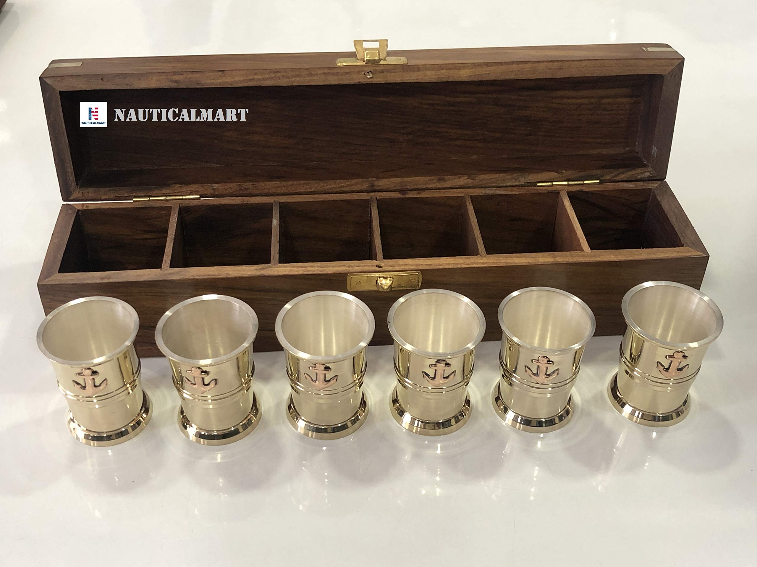Premium Brass Tequila Shot Glasses Set of 6 with Anchor Engraving - Handcrafted Wooden Gift Box - Perfect for Nautical Themed Parties, Bachelor Celebrations & Home Bar Decor