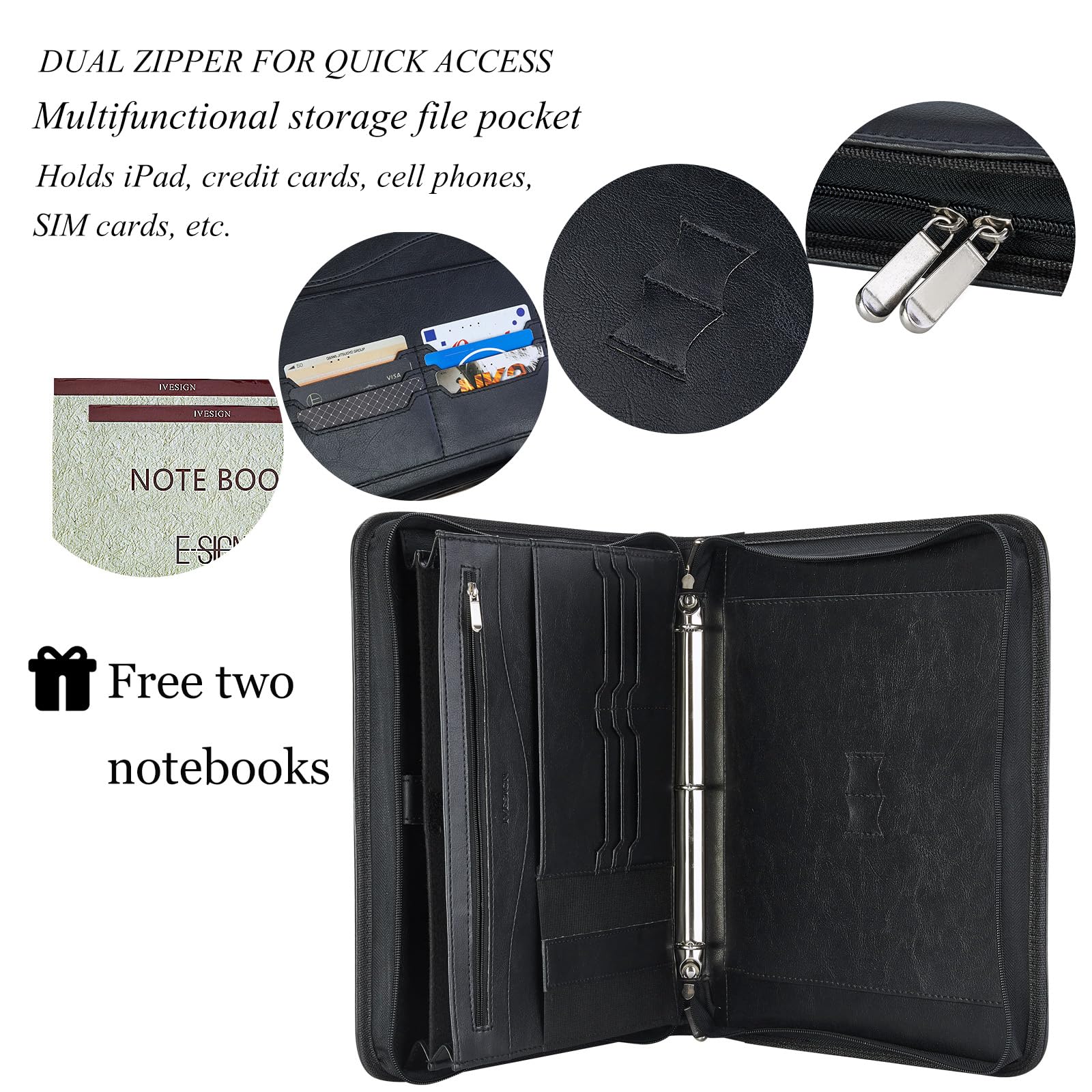 IVESIGN Zippered Padfolio Binder - Faux Leather 3-Ring Organizer with Business Card Slots & Document Folders | Left-Handed Design for Professionals | Perfect for Office, Meetings & Business Travel (Black)