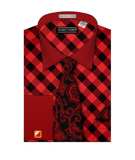 AVANTI UOMO Diagonal Block Check Dress Shirt with Body Tone Collar & Cuff - DN100M Red | Premium Men's Formal Wear for Business & Special Occasions