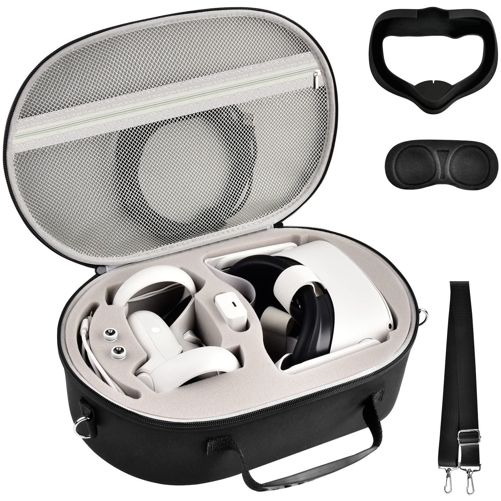 Oculus Quest 3 & Quest 2 VR Headset Carrying Case - Protective Travel Storage Box with Silicone Face Cover & Lens Protector - Organizer Bag for Touch Controllers & Accessories - Perfect for Gaming, Travel & VR Storage