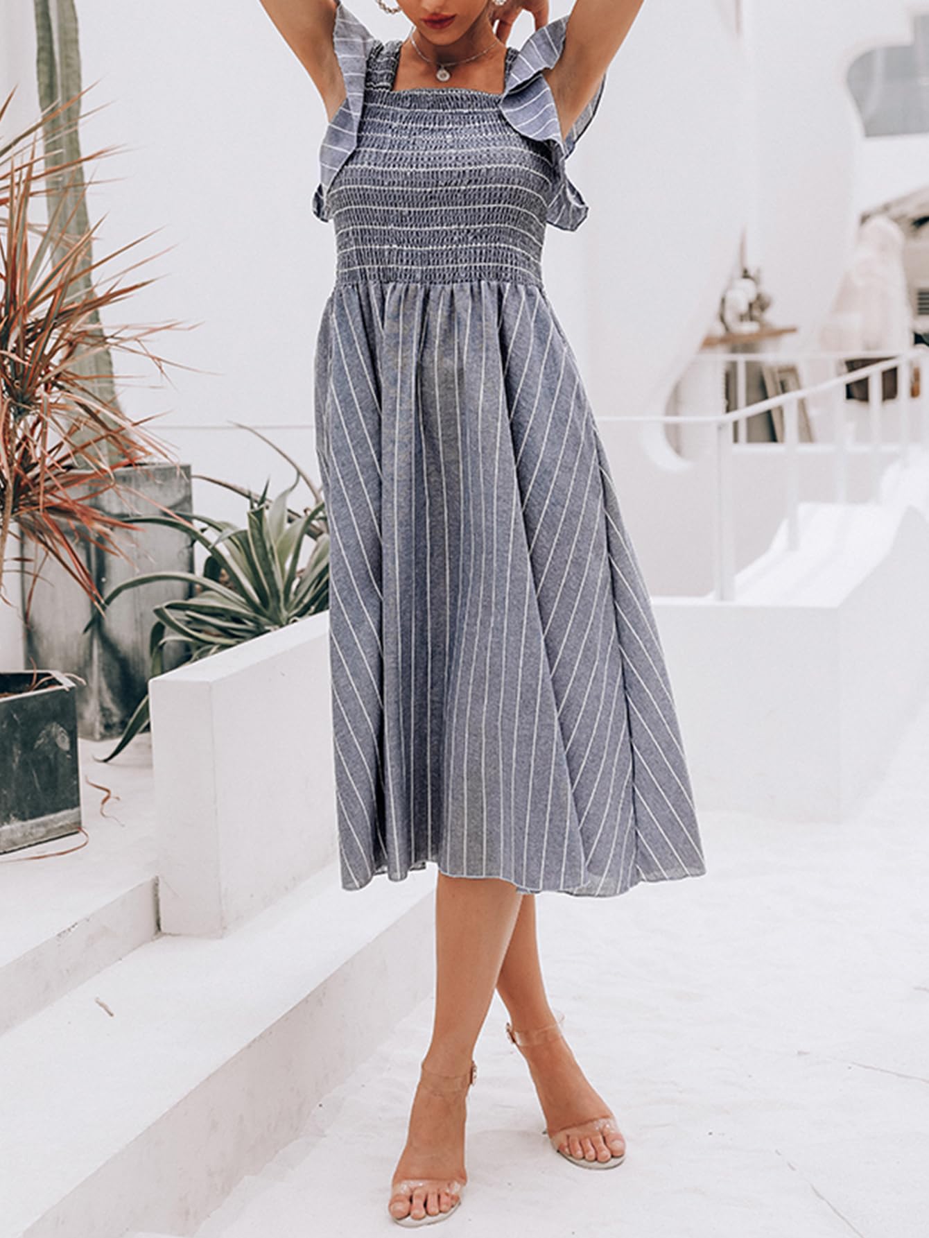 Miessial Women's Casual Summer Midi Dress - Short Sleeve Smocked Linen Boho Dress with Pockets | Beach Wedding Guest Outfit, Vacation Wear & Everyday Summer Dress 2025