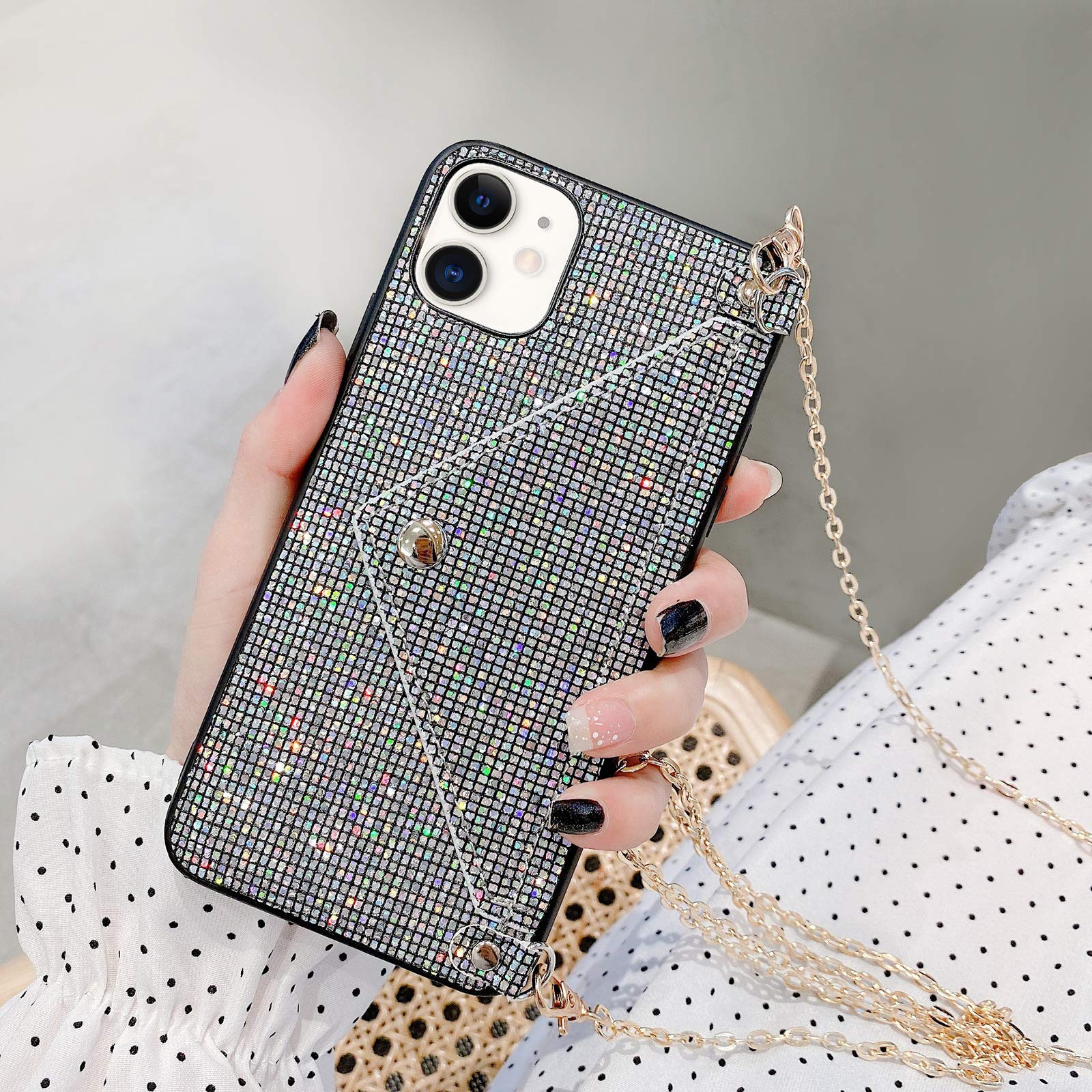 Sparkly Diamond Sequins iPhone 12 Case for Women - Glitter Bling Wallet Case with Credit Card Holder & Detachable Crossbody Chain - Hard PC Protective Back Cover with Stand Feature (Black) | Perfect for Parties, Dating & Everyday Fashion Accessory