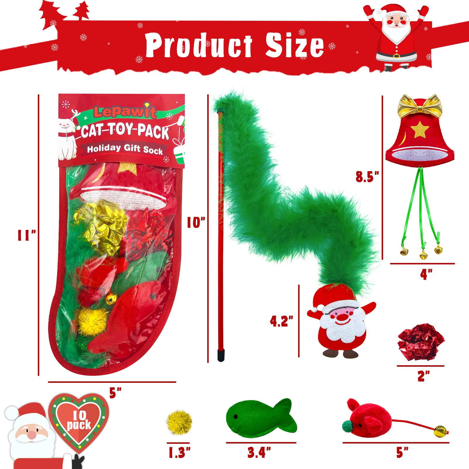 10 Pack Christmas Cat Stockings with Catnip Toys, Teaser, Balls & Feathers - Fun Holiday Gifts for Indoor Cats - Perfect for Playtime, Training & Christmas Decorations