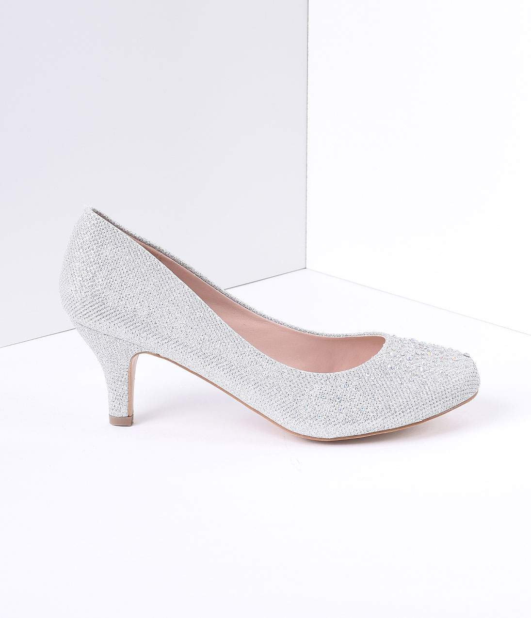 Silver Metallic Rhinestone Doris Kitten Heels - Elegant Women's Dress Shoes for Parties, Weddings & Special Occasions