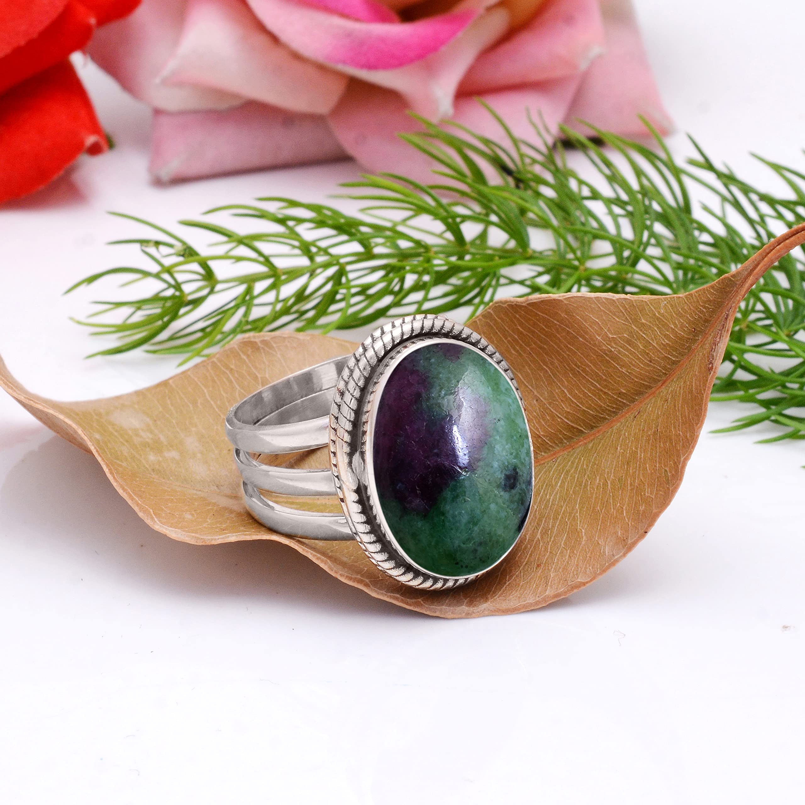 925 Sterling Silver Ruby Zoisite Ring for Women | Handmade Bohemian Jewelry with Green Red Gemstone | Trendy Unisex Fashion Ring | Perfect for Boho Chic Outfits & Special Occasions - VSR-112