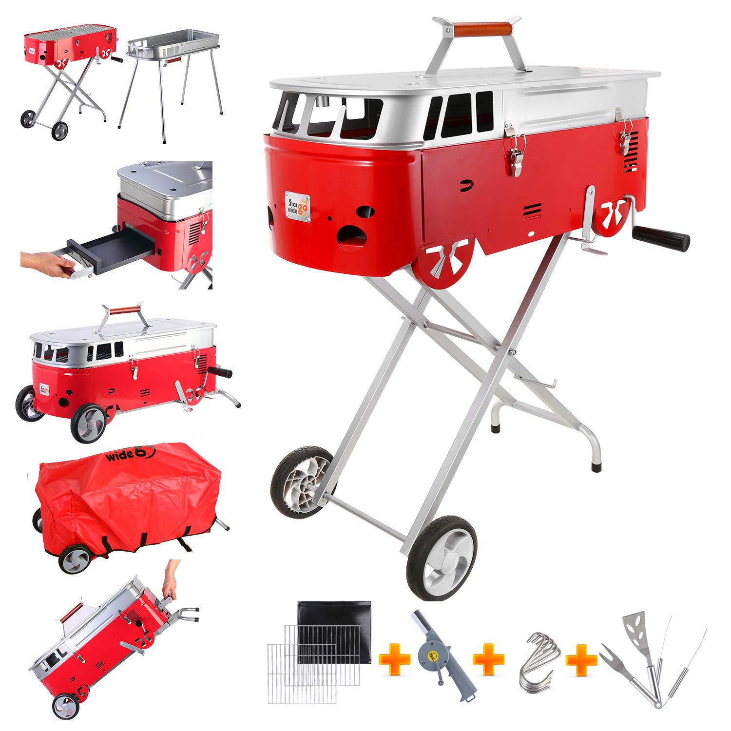 STARWIDE GO Portable Charcoal Grill for Backyard & Garden - 30 Second Quick Setup Tabletop BBQ Grill with Cover, Side Table & Accessories (BBQ Tools, Fry Pan) - Perfect for Outdoor Cooking, Camping, Picnics and Tailgating Parties