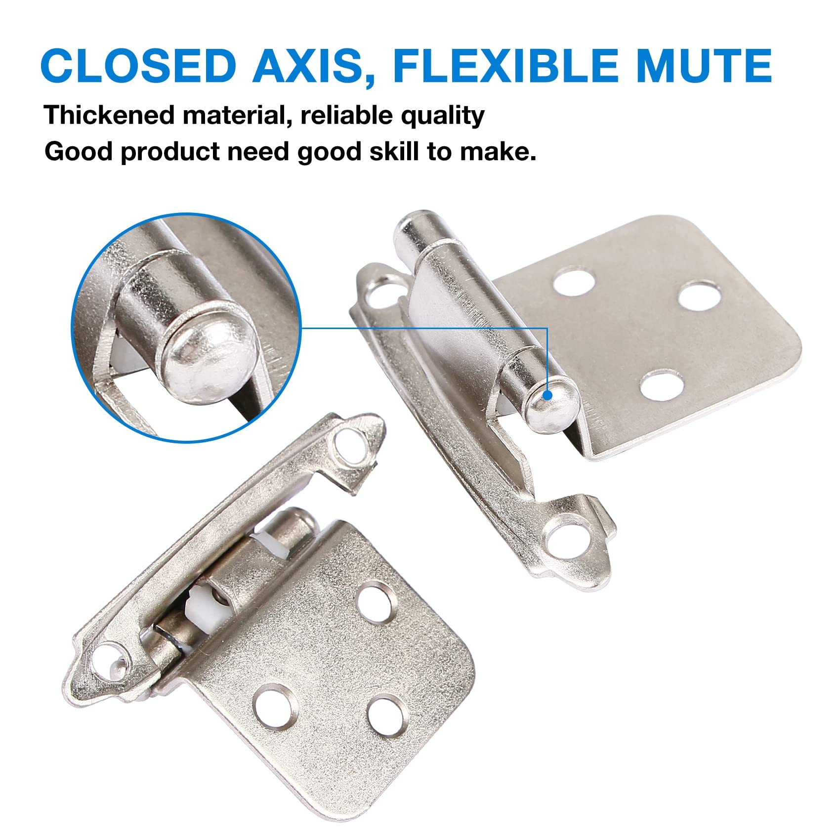 30 Pack Brushed Nickel Cabinet Hinges - 1/2 Inch Overlay, Semi-Concealed Face Mount, Self Closing & Soft Close for Kitchen & Bathroom Cabinets - Smooth Quiet Operation, Easy Installation