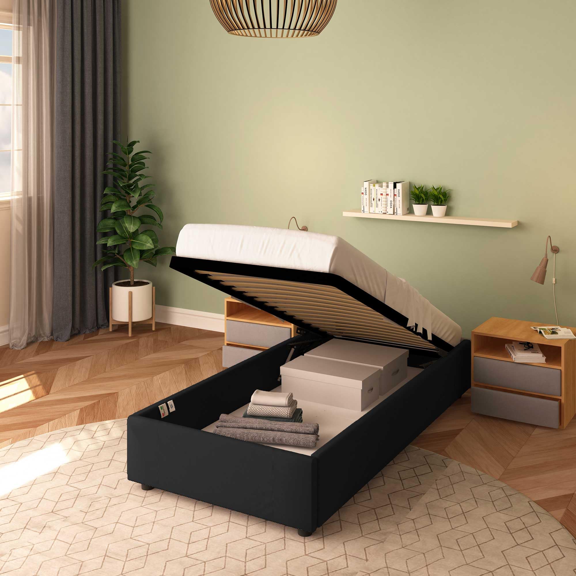 Baldiflex Cloe Fabric Square and Half Bed Frame with Storage, No Headboard, Slatted Base for Mattress, 100 x 200 cm, Black - Perfect for Small Bedrooms, Guest Rooms & Modern Apartments