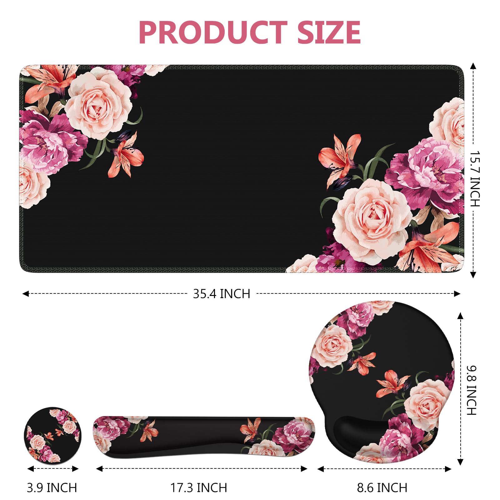 iLeadon 4-in-1 Mouse Pad Set with Wrist Rest - Large Desk Mat, Ergonomic Keyboard Wrist Support & Coaster - Non-Slip Office Accessories for Computer, Laptop, Gaming - Peony Flower Design for Home & Workspace