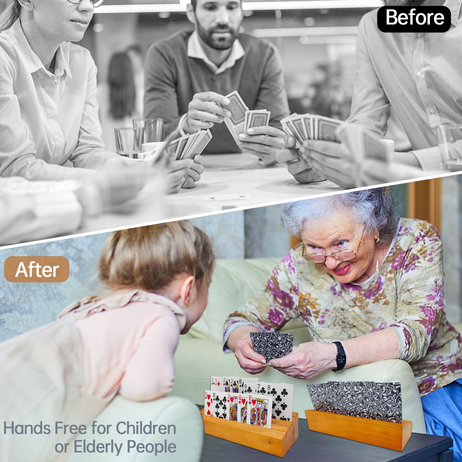 Premium Wooden Playing Card Holders - Hands-Free Deck Stand for Kids & Seniors - 2 Pack Card Organizer Trays - Perfect for Poker, Blackjack, Solitaire & Family Game Nights