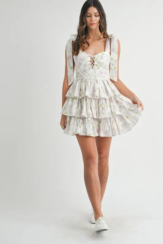 Floral Print Shoulder Tie Layered Mini Dress for Women - Summer Beach Party, Date Night & Vacation Outfit