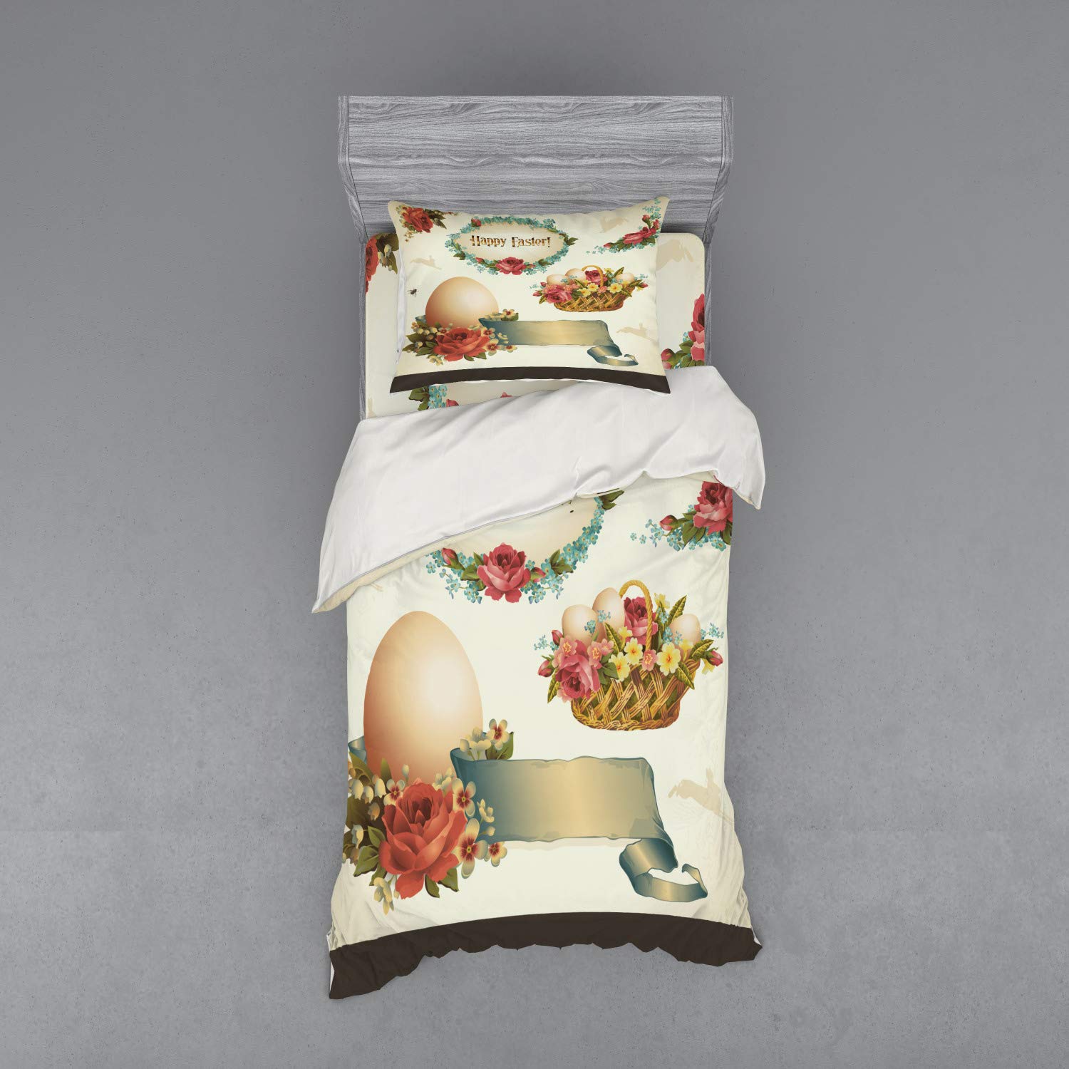 Ambesonne Easter Bedding Set - Vintage Floral Basket with Eggs Design, 3-Piece Duvet Cover Set with Sham & Fitted Sheet, Twin XL Size, Multicolor | Perfect for Spring Decor, Easter Themed Bedrooms & Cozy Seasonal Home Styling