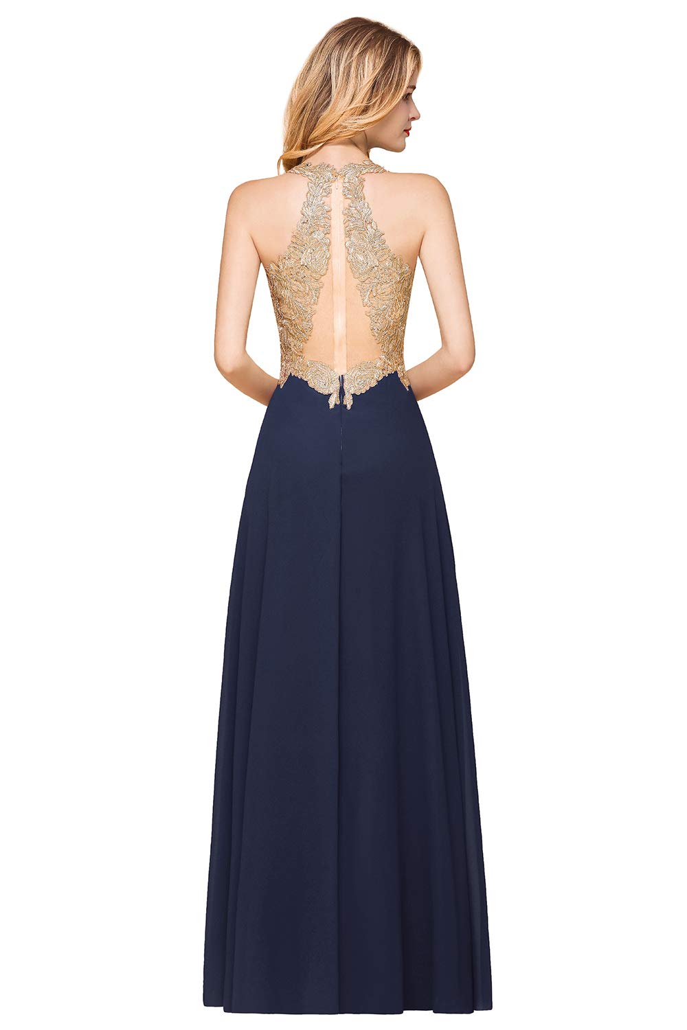 Elegant Navy Blue Plus Size V-Neck Chiffon Bridesmaid Dress with Gold Lace Appliques - Long Formal Prom Gown for Weddings, Parties & Special Occasions