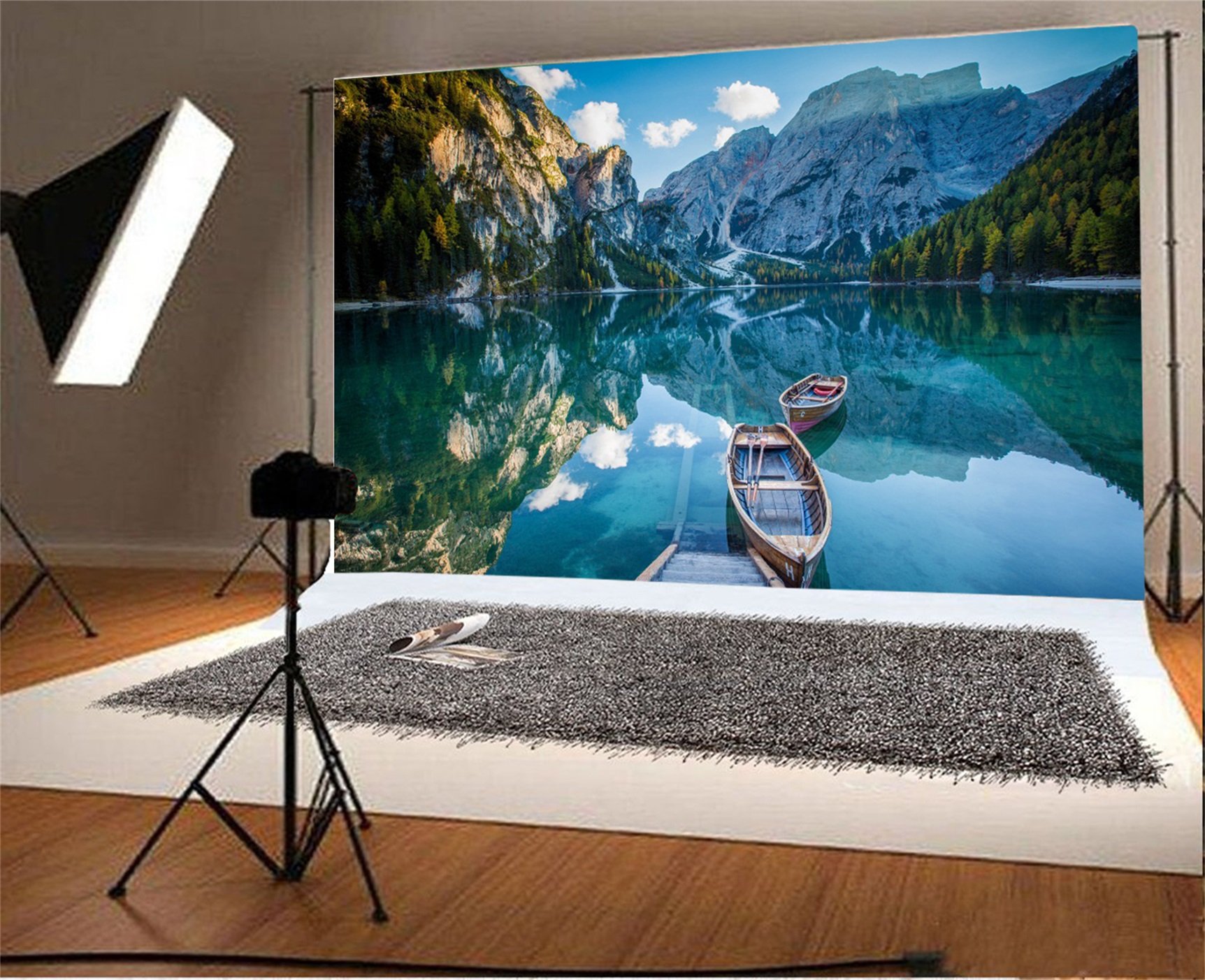 AOFOTO 8x6ft Wooden Boats Alpine Mountain Lake Backdrop - Peaceful Nature Landscape Photography Background for Spring Outdoor Scenery, Summer Vacation Photos, Studio Props, Kid & Adult Portraits, Wallpaper - Perfect for Themed Parties, Baby Showers, and Home Decor