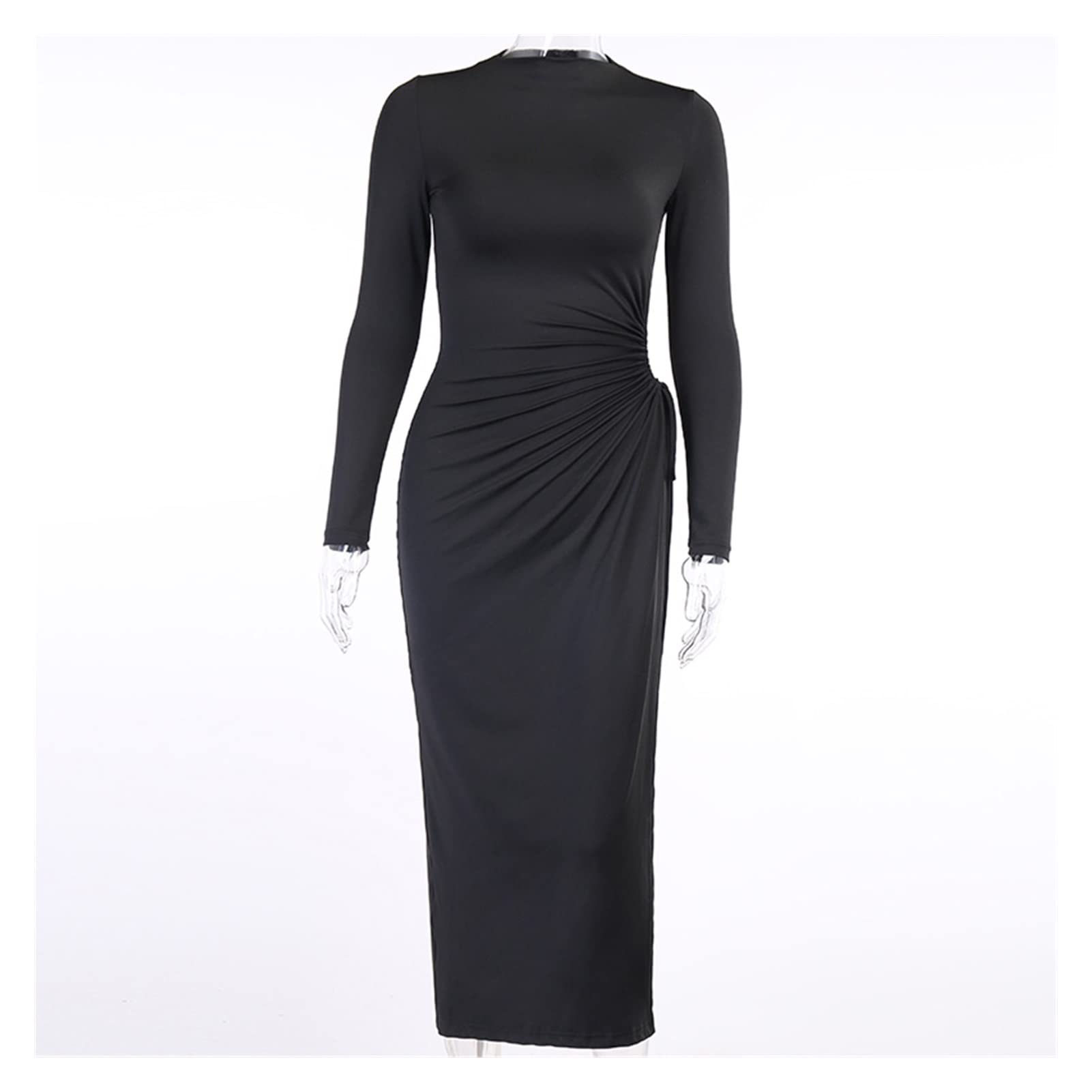 Elegant Long Sleeve O-Neck Mid-Calf Women's Dress with Sexy Side Drawstring & Hollow Out Design - Perfect for Autumn Parties, Casual Wear & Date Nights (Black, Size M)