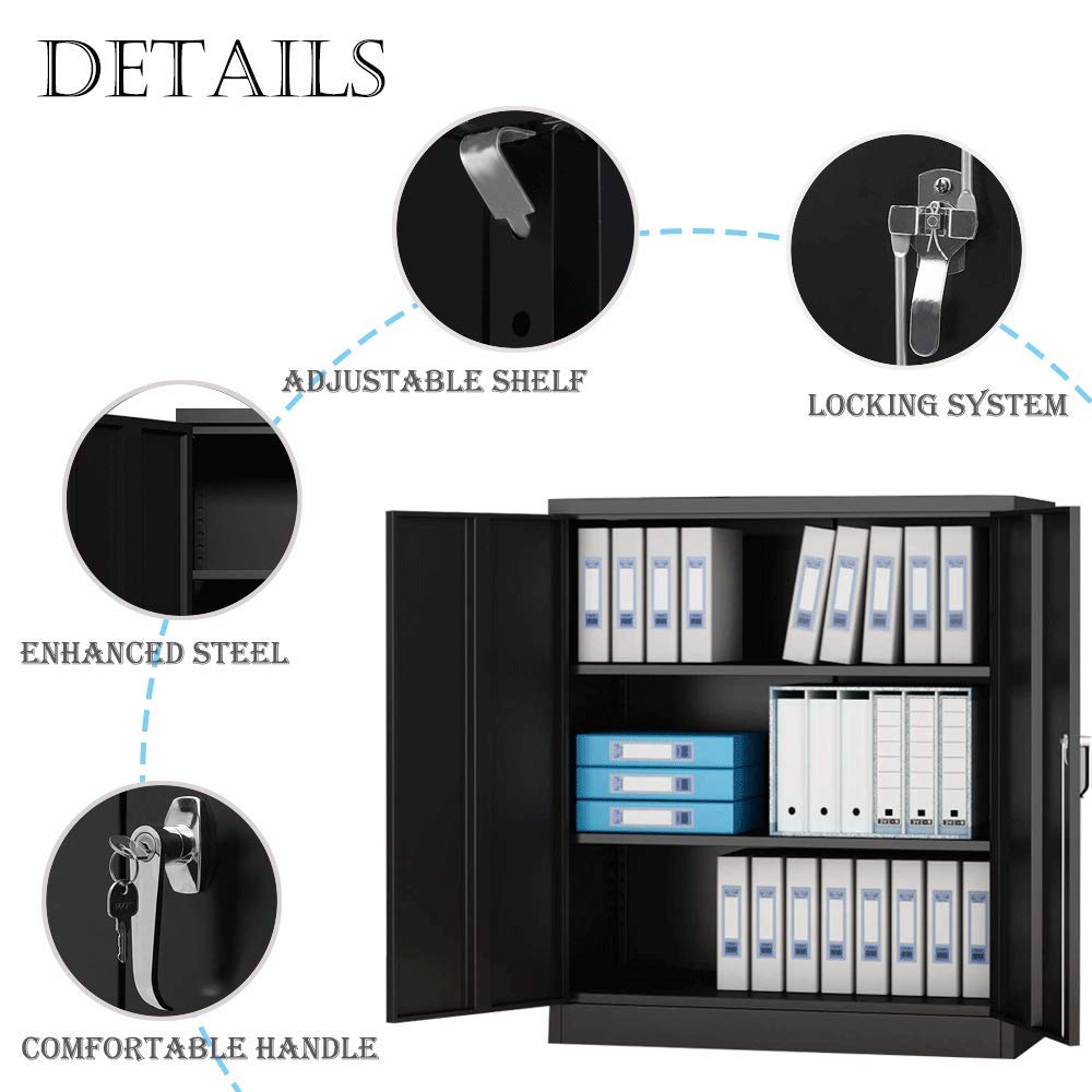 Superday Black Metal Storage Cabinet - Lockable Steel Cabinet with Doors & 2 Adjustable Shelves, Heavy Duty Office & Home Storage Solution for Garage, Workshop, and Utility Rooms
