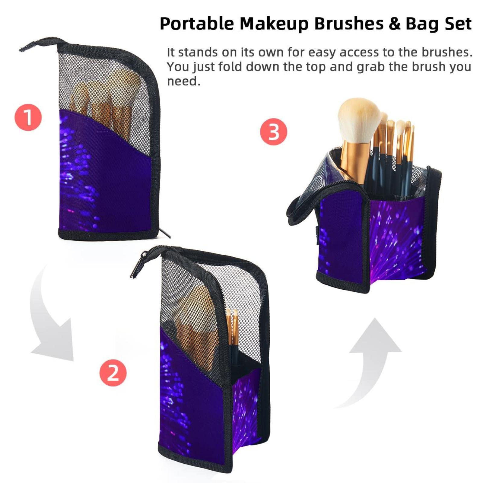 12-Piece Makeup Brush Organizer Bag with Purple Light Lines - Portable Travel Cosmetic Brush Holder Case for Professional & Home Makeup Artists