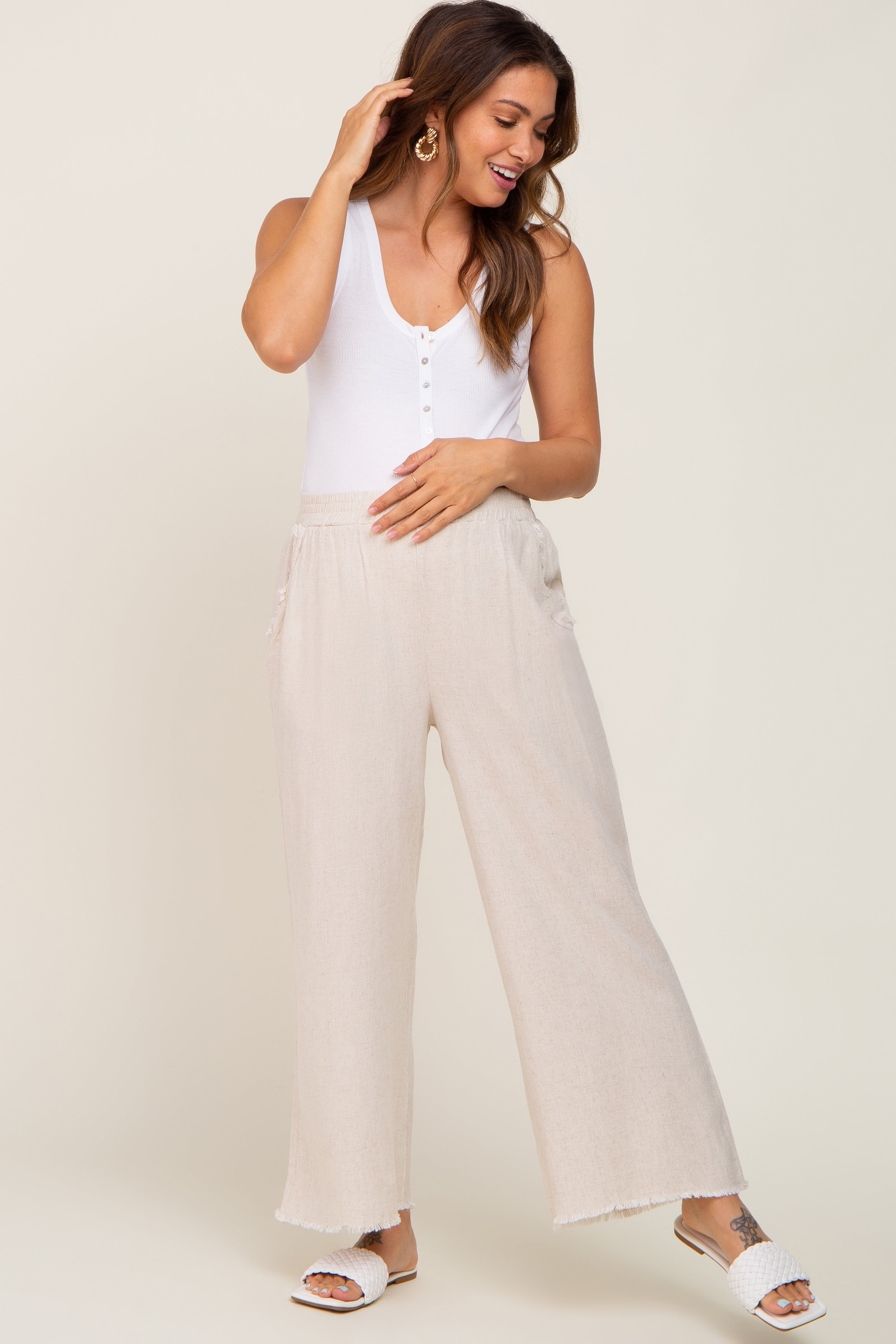 Beige Fringe Hem Linen Maternity Pants - Comfortable & Stylish Pregnancy Pants for Women | Perfect for Summer, Casual Wear & Maternity Photoshoots