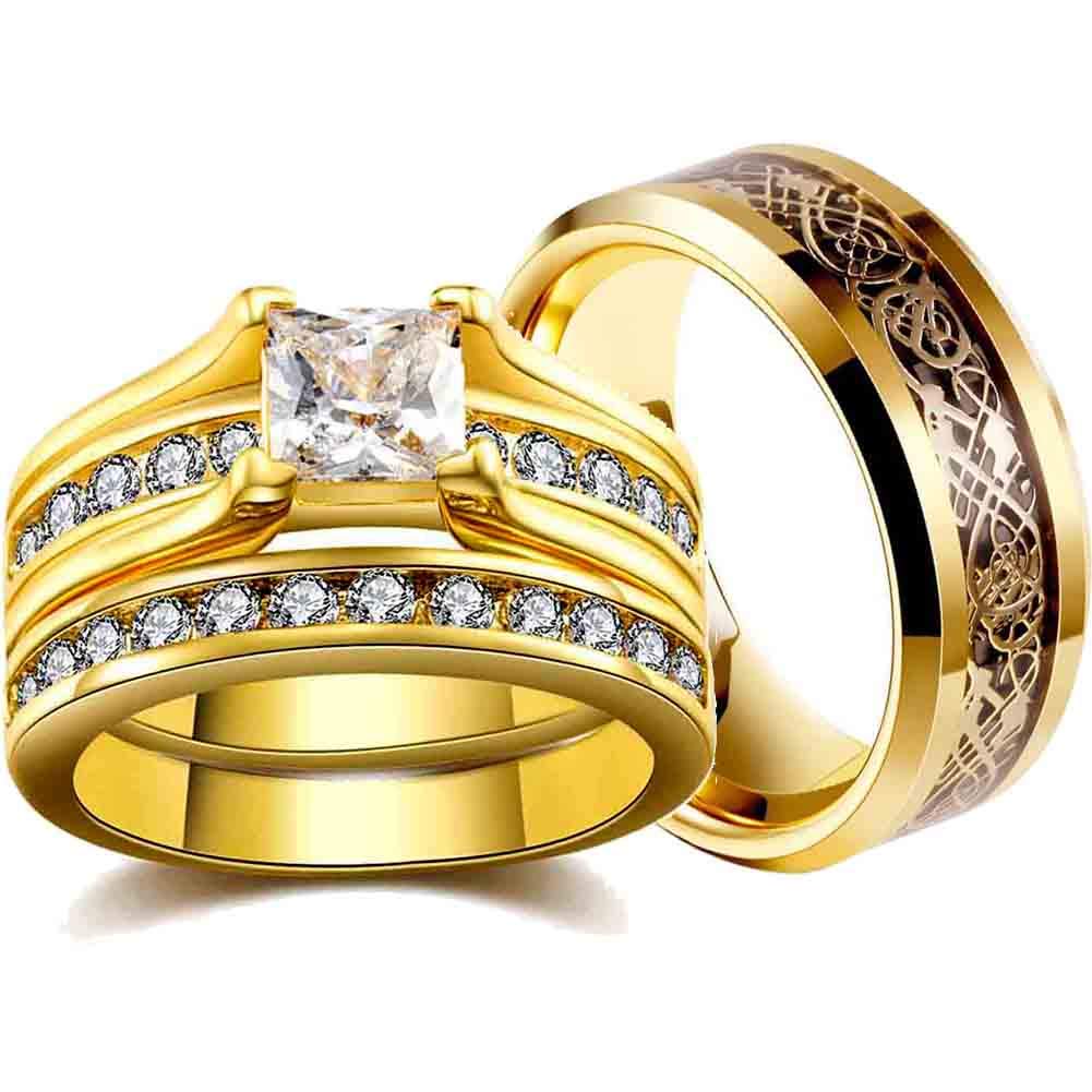 Ringcrown Couple Rings - Gold Plated CZ Wedding Bands for Him & Her - Perfect for Anniversaries