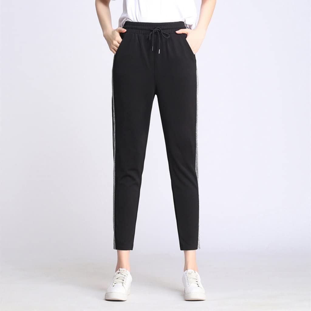 Women's Contrast Color Stitching Sweatpants - Loose Harem Pants with Elastic Waist & Black Striped Side - Size S | Casual Lounge Wear, Yoga Pants, Home Comfort Outfit