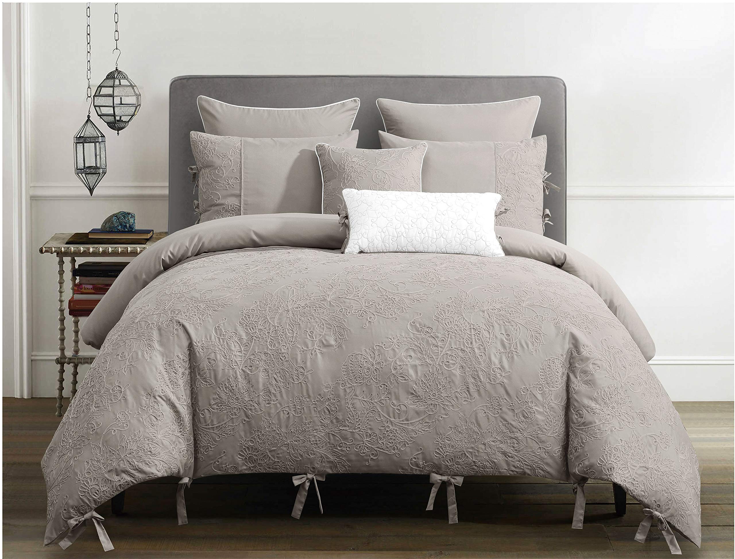 Luxury 7-Piece Full/Queen Comforter Set with Shams & Cushions - Damask Floral Embroidery in Taupe Brown - Bed in a Bag - Perfect for Master Bedroom, Guest Room, or Vacation Home (Queen Size, Taupe)